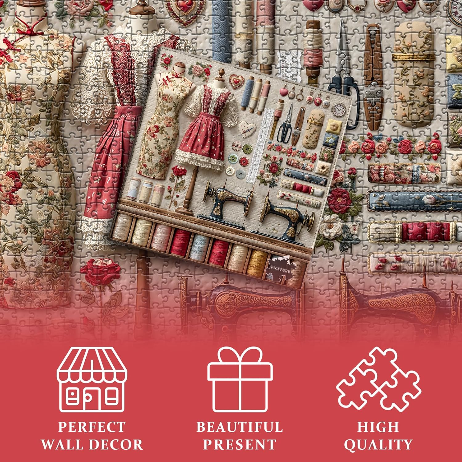 Vintage Sewing Machine Puzzles for Adults 1000 Pieces, PICKFORU Floral Puzzle with Buttons Plant Embroidery Dress, Aesthetic Art Quilt Challenge Jigsaw Puzzle Collage