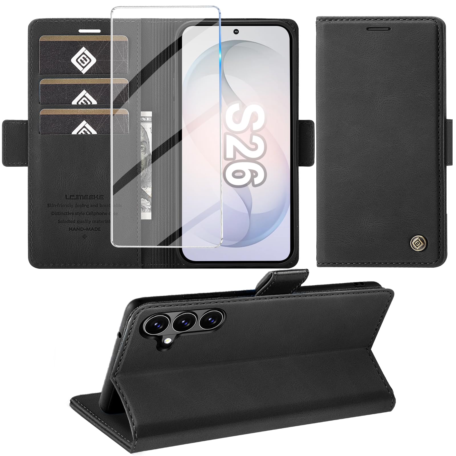 Giyer Handyhülle für Samsung Galaxy S25 FE/S26/S26 Plus/S26 Ultra Hülle mit Schutzfolie, Schutzhülle PU Leder Wallet Flip Case