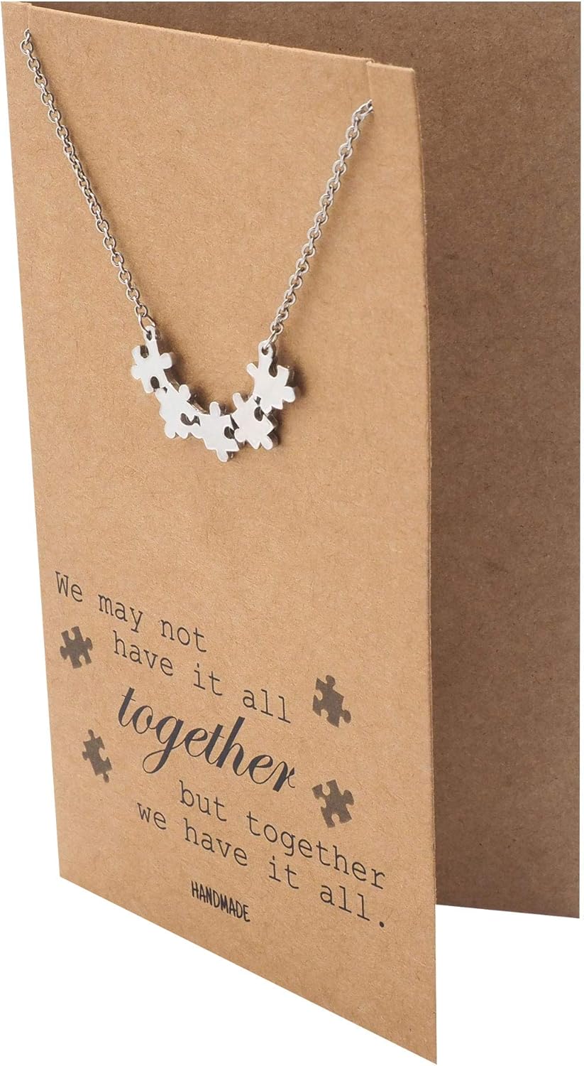 quan jewelry Puzzle Pieces Pendant Necklace with Greeting Quote Card, Siblings Day Gift in Adjustable Stainless Steel Chain, Autism Awareness Jewelry