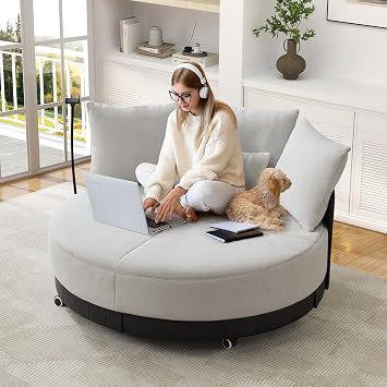 SLEERWAY Oversized Round Swivel Accent Chair, Large Circle Barrel Chair and A Half, Comfy Upholstered Lazy Sofa Couch with Phone Stand/Wheels, Chaise Lounge Daybed for Living Room, Bedroom, Gray