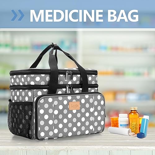 Miniatura 8 de LUXJA Bolsa de medicina de 2 capas con divisor desmontable, organizador de botellas de píldoras adecuado para uso doméstico o de viaje, puntos grises
