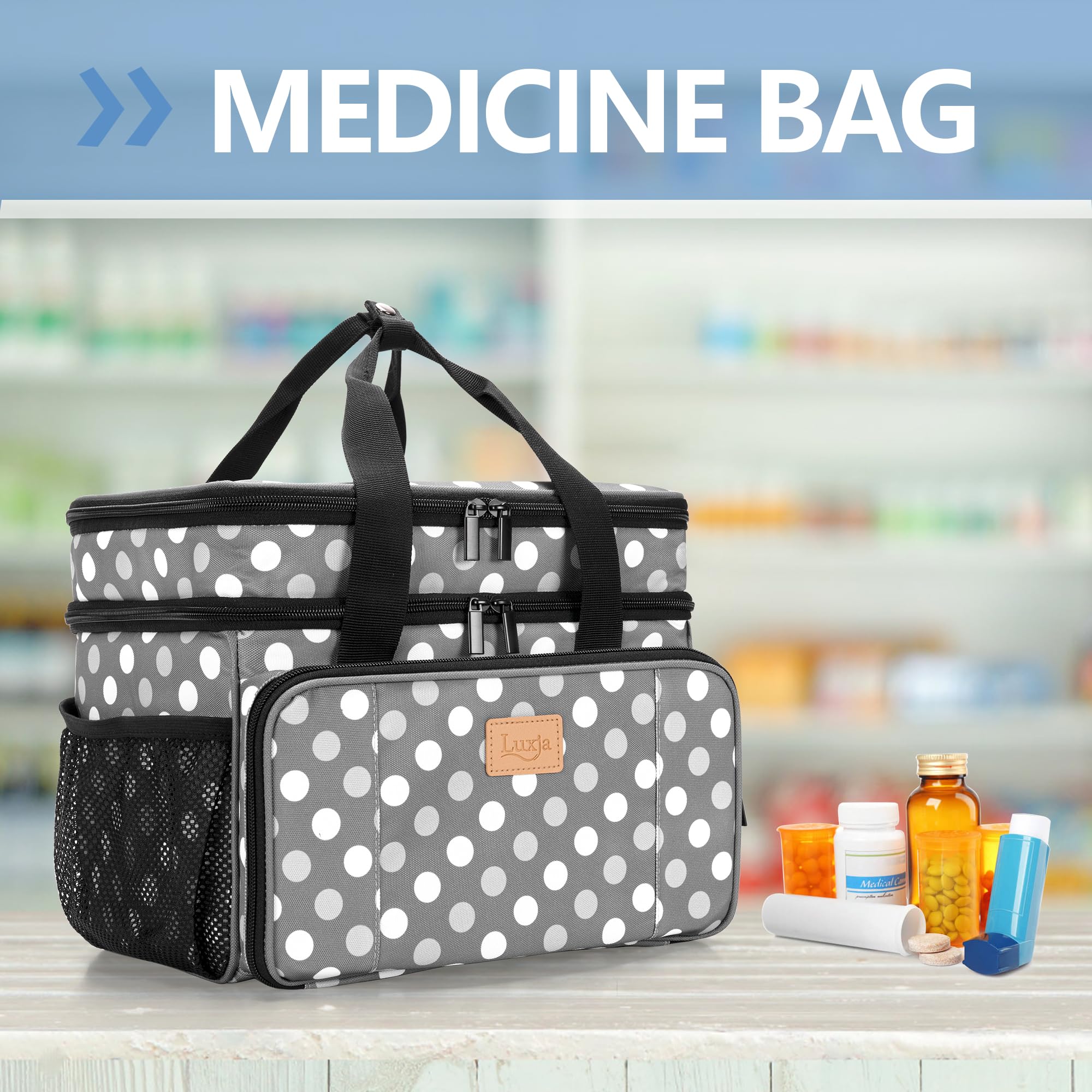 Luxja Sac de Médecine 2 Couches avec Séparateur Amovible, Sac de Rangement de Médicaments Convient pour Maison ou Voyages (Sac Seulement), Points Gris