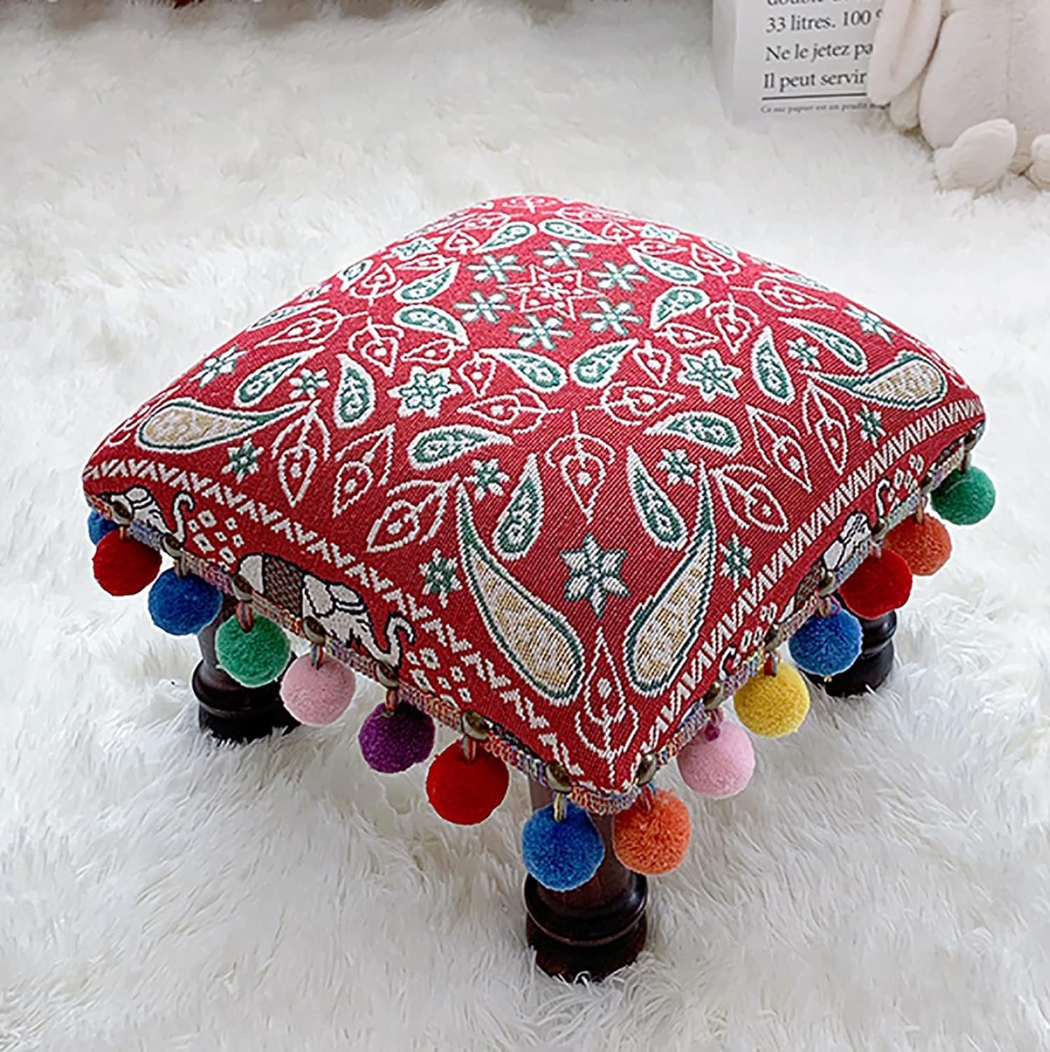 Tabouret ottoman en lin de qualité supérieure et finition bois authentique