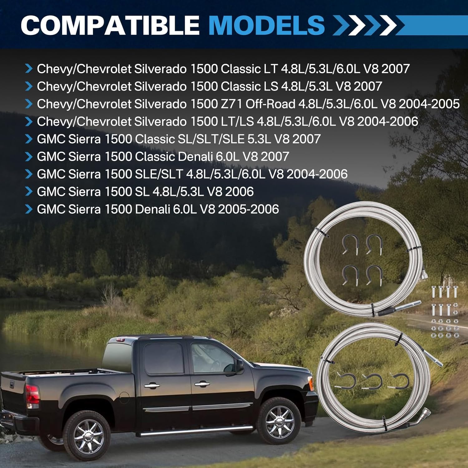 819-875 Fuel Line Quick Fix Kit, Flexible Stainless Steel Braided Fuel Line Compatible with 2004-2007 Chevy Chevrolet Silverado 1500, GMC Sierra 1500 4.8L 5.3L 6.0L V8 15946187, QFF0004SS