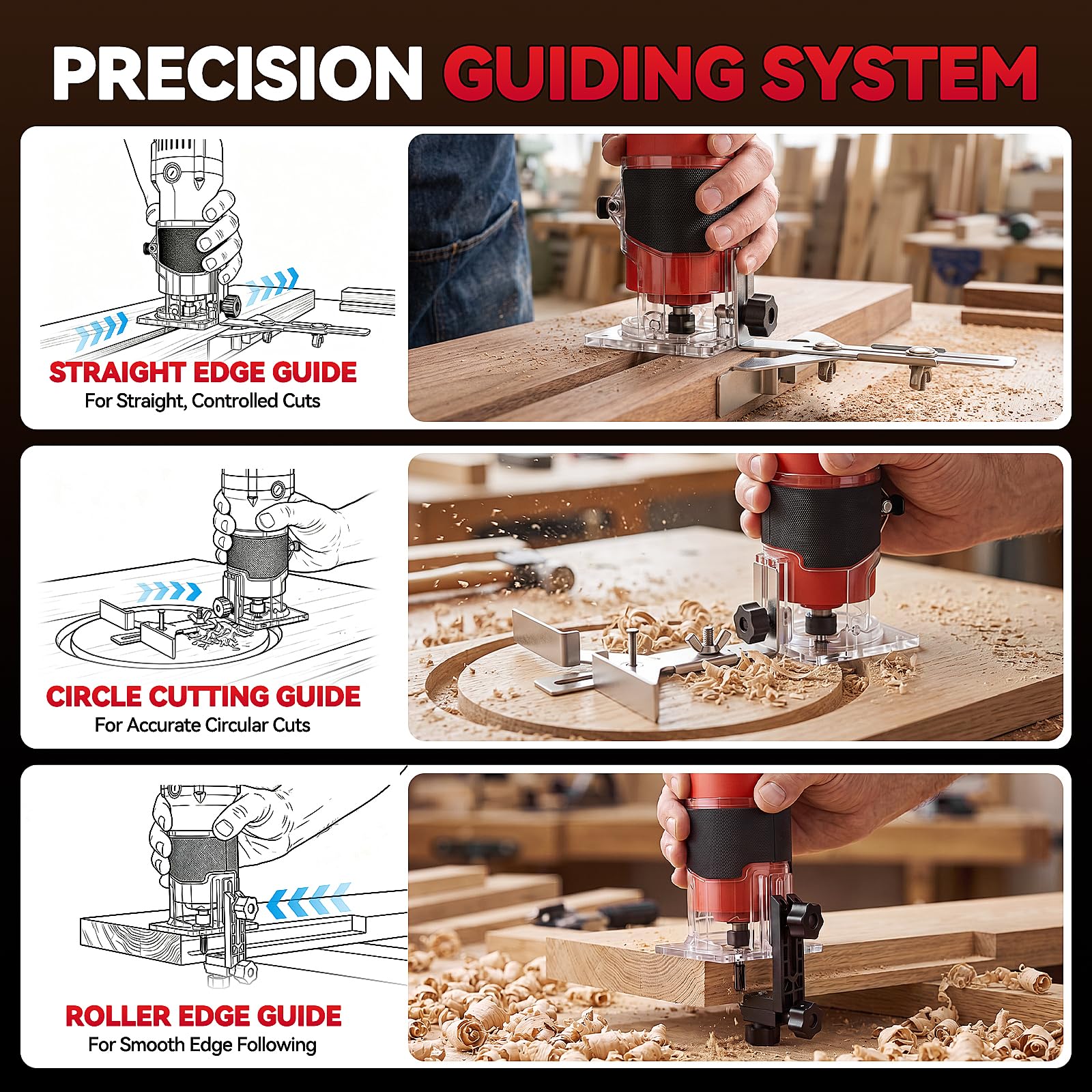 Outil de défonceuse à bois, 800 W compact pour le travail du bois, débroussailleuse électrique à 6 vitesses, 15 000 à 32 000 tr/min, pinces de 0,6 cm, 6 embouts, guides et capot anti-poussière