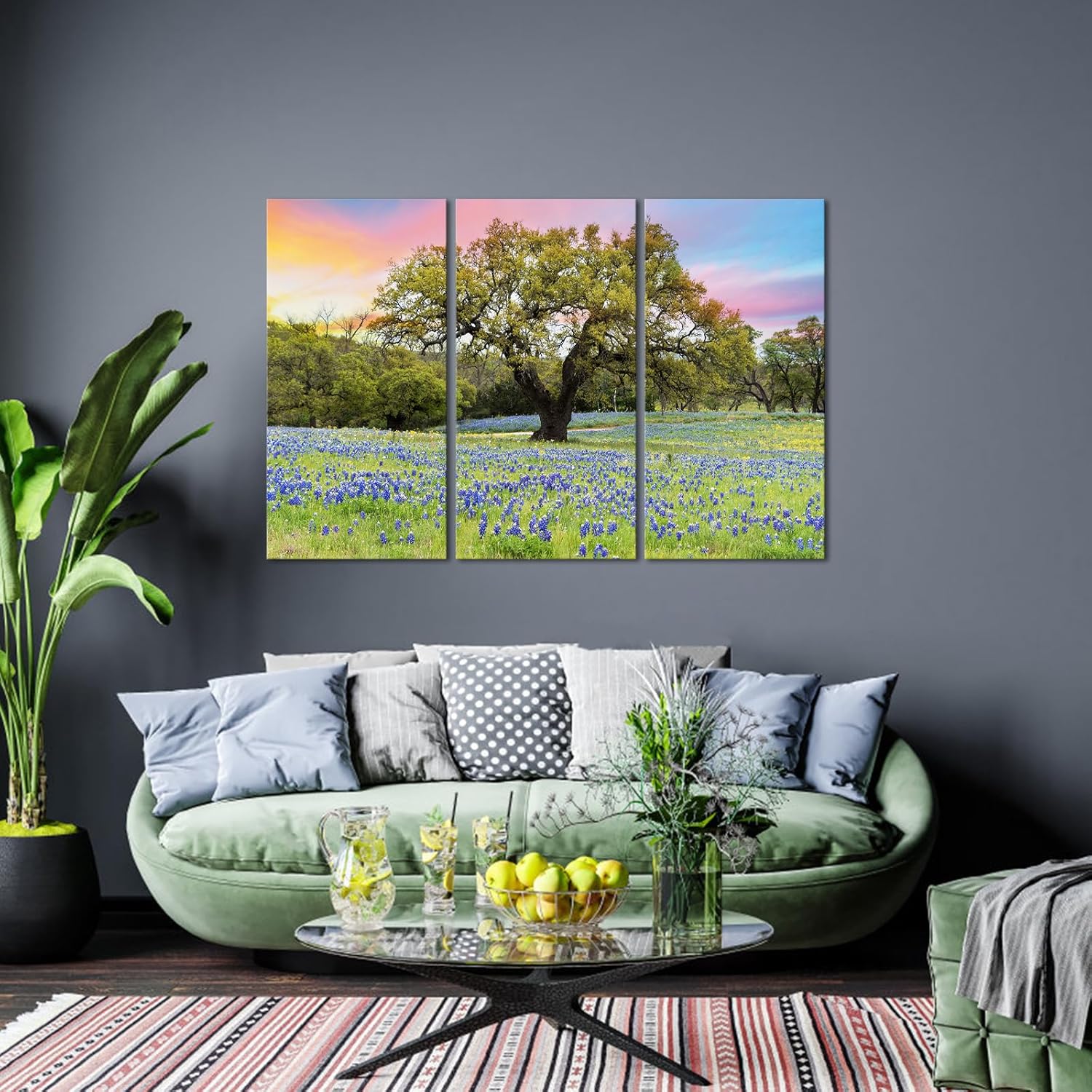 Conipit Texas Bluebonnets Field Prints Texas Wildflowers Canvas Wall Art Large Tree Picture Nature Art Prints for Home Wall Decor Framed 48''x32''