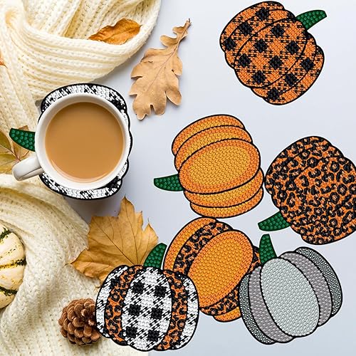 Miniatura 4 de 8 posavasos de diamantes de calabaza a cuadros de otoño con soporte para bricolaje, lindos posavasos de otoño con diamantes 5D, posavasos redondos