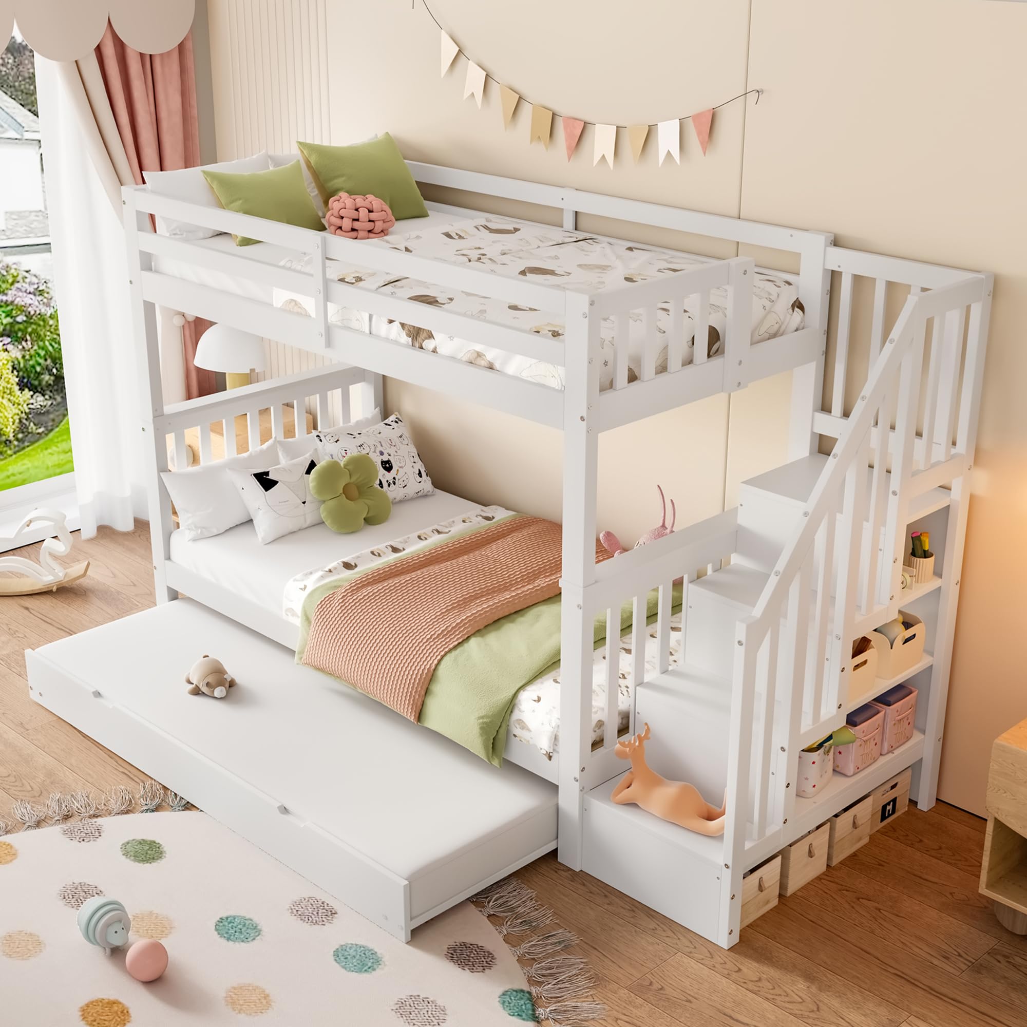 Lettino a castello, 90 x 200 cm, con ripiano per scale, dotato di letto estraibile 90 x 190 cm, rete a doghe, letto per ragazzi con ringhiera alta