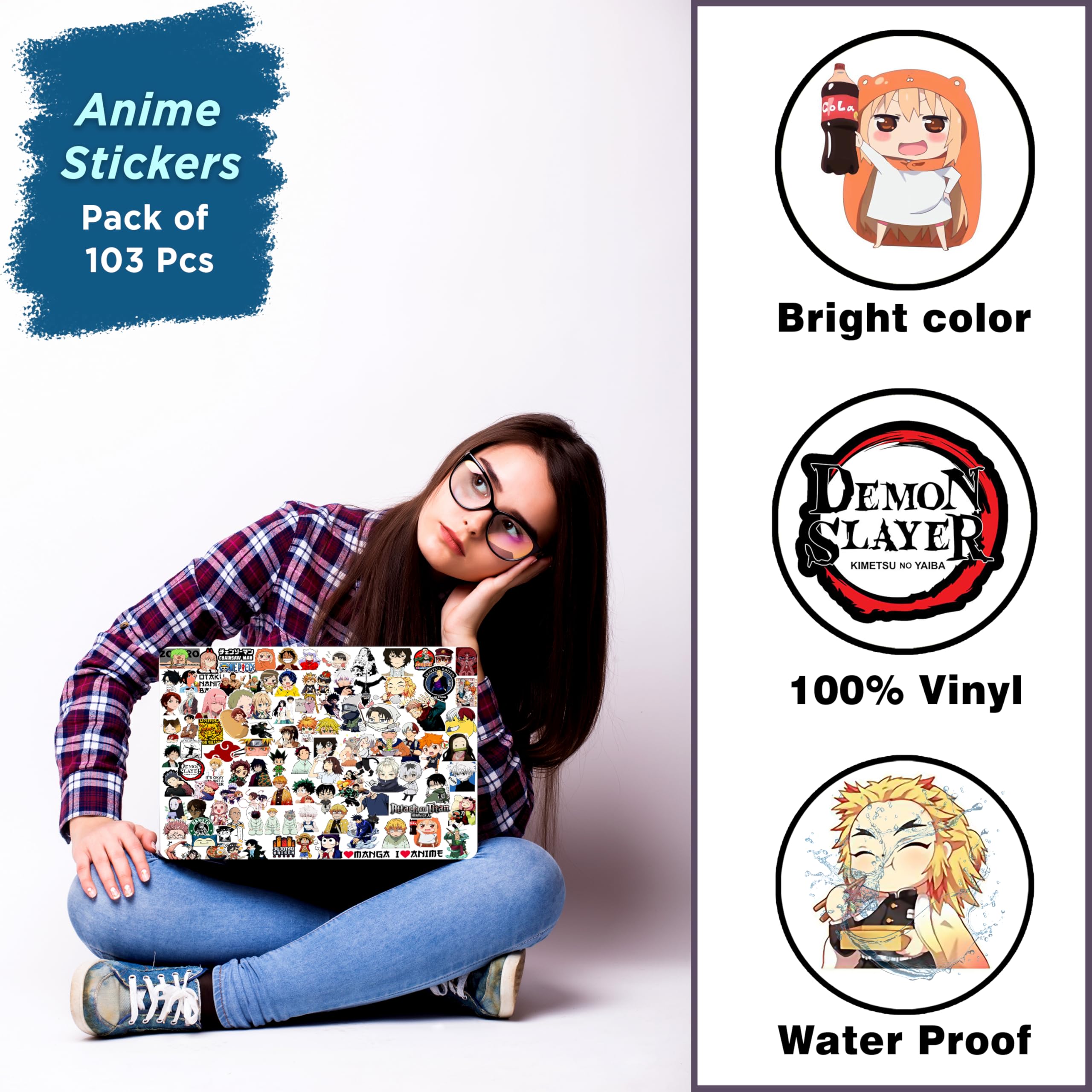 Wonder Hub Anime Stickers Vinyl for Laptop,Phone Cover, Guitar, Journal,Diary Multi-Color Waterproof Sticker Set of 103 Sticker 2