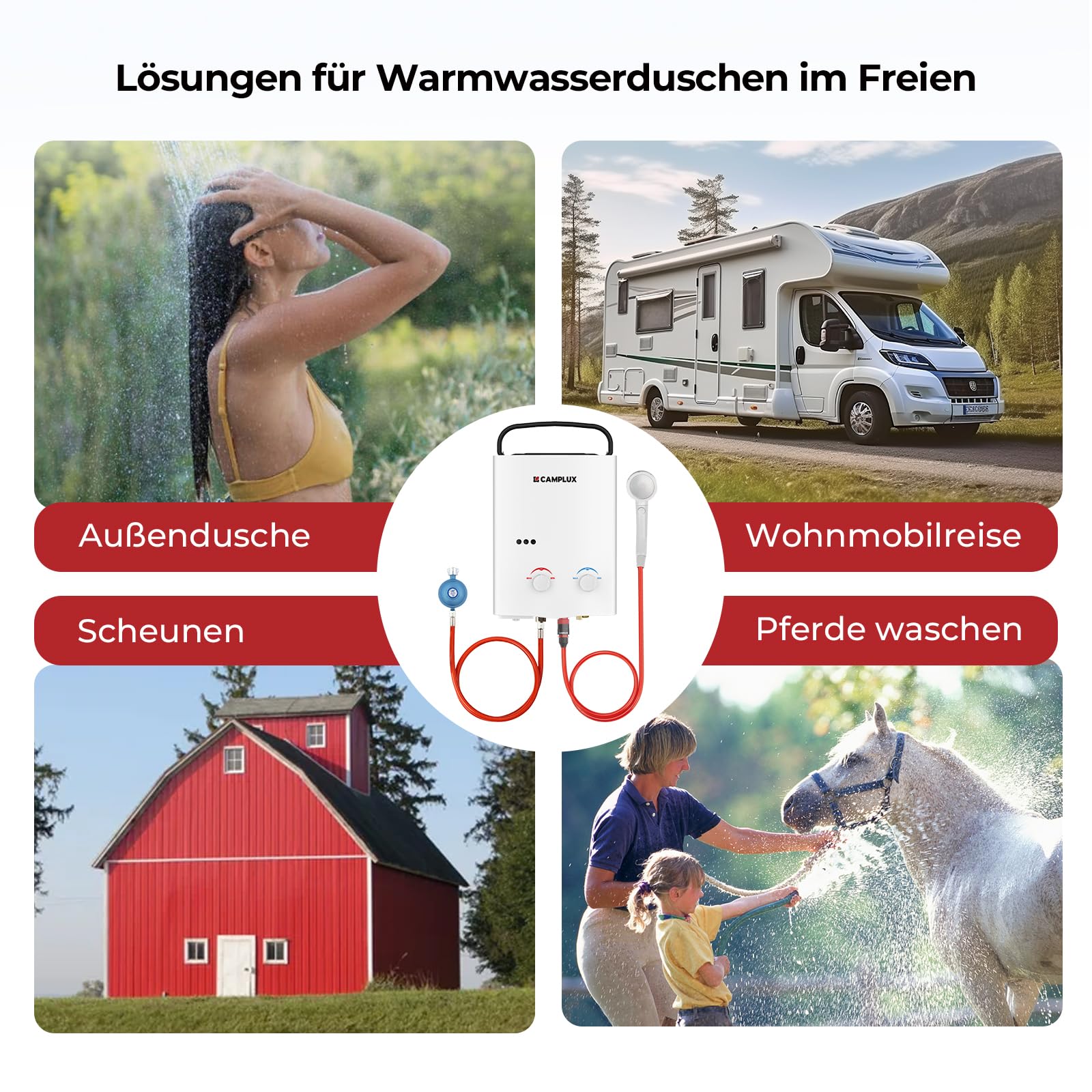 CAMPLUX AY132-DE 5 Liter Tankless Gasdurchlauferhitzer 50mbar, LPG Durchlauferhitzer mit Tragbarer Griff, 10 kW, Propan- oder Butangas, Campingdusche
