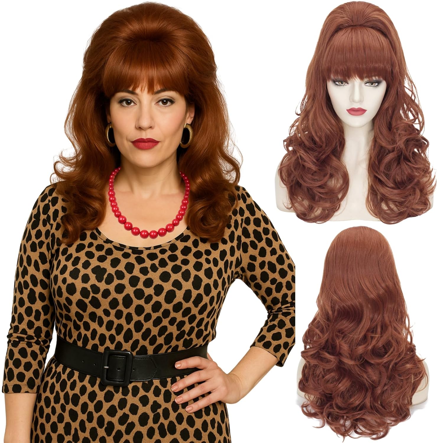 Brown Beehive Wigs for Women, Auburn Vintage Bouffant Wig, Long Copper Curly Victorian Fembot Wig 50s 60s 70s for Women for Halloween Costume Party + Cap Brown Beehive Wigs for Women, Auburn Vintage Bouffant Wig, Long Copper Curly Victorian Fembot Wig 50s 60s 70s for Women for Halloween Costume Party + Cap