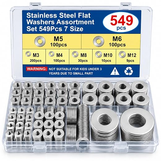 549PCS Stainless Steel Flat Washer Assortment Kit, 18-8 (304) A2 Metric Washers M3-M12, Flat Washers for Screws, Bolts & Nuts, Corrosion Resistant Washer Set with Storage Case for DIY & Automotive