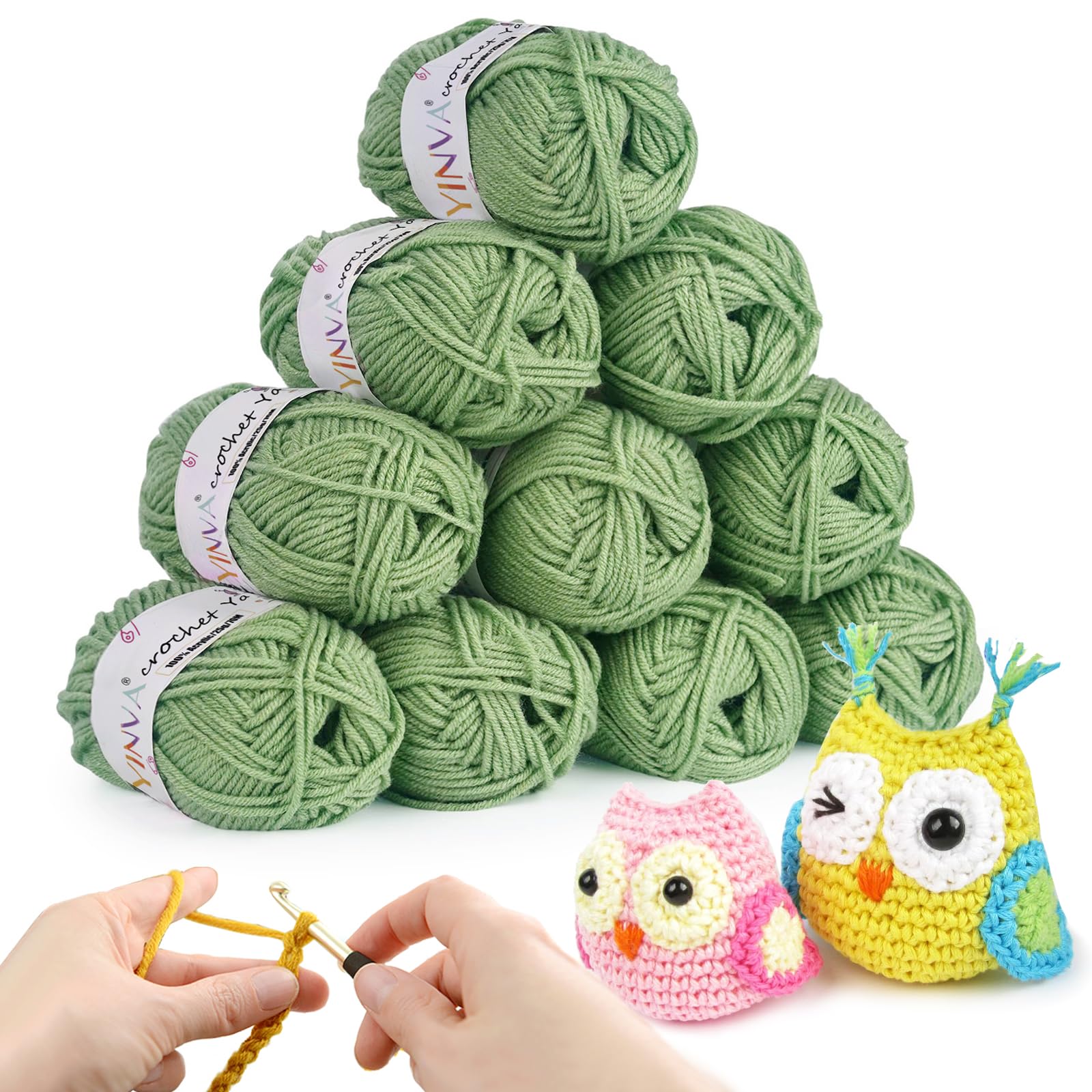 YINVA Häkelgarn 10Pcs x 25g Acryl Wolle Zum Häkeln Creme Wolle Zum Stricken Häkelwolle für Anfänger Crochet Yarn für Häkeln Stricken und Handwerk-Baby Green