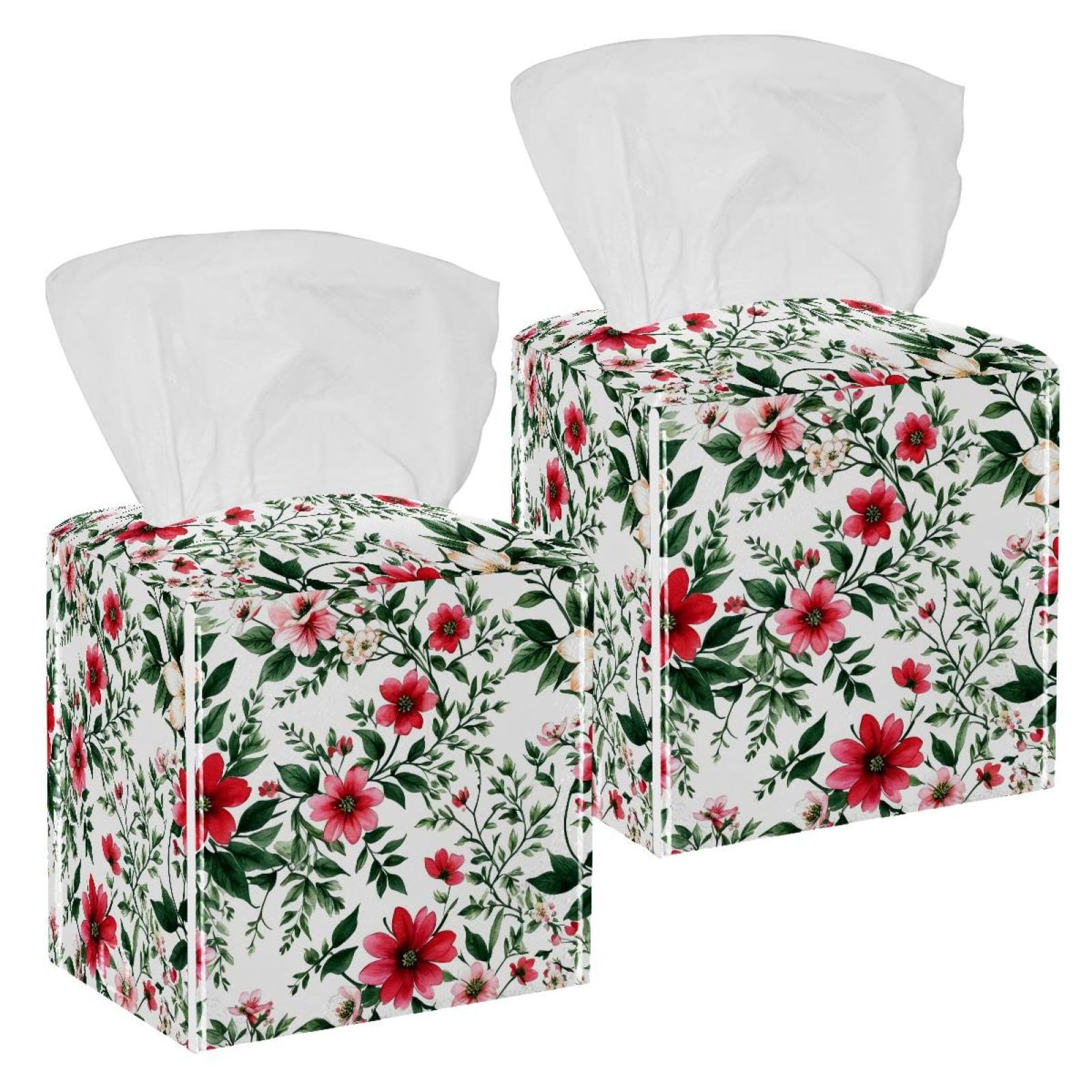 Aesthetic Flower Tissue Box Cover, 2 Pack PU Leather Square Facial Tissue Dispenser Box holder for Home Office Car