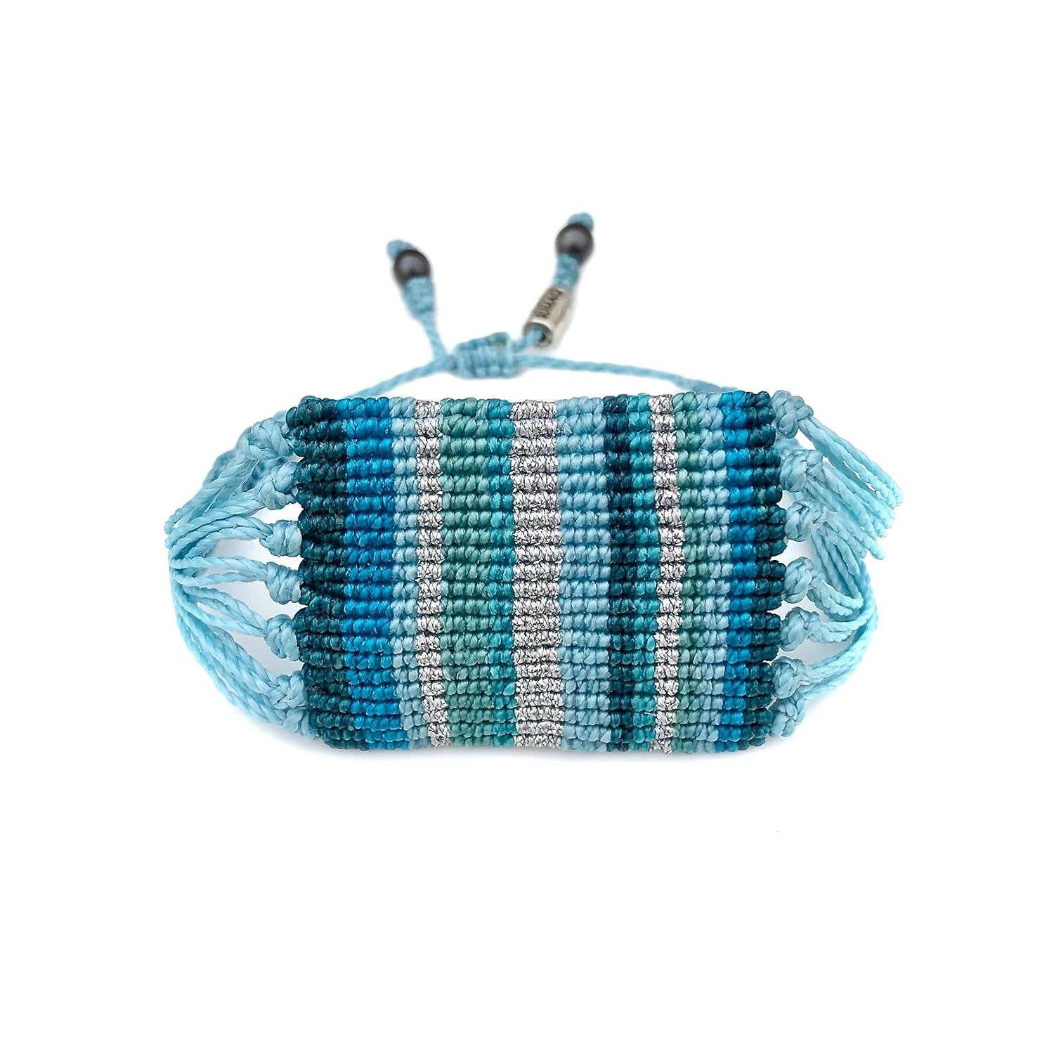 Aqua Marine Bracelet Metallic Silver Turquoise Teal Boho Bohemian Striped Handwoven Waxed Cord Handmade Macrame Knot Jewelry for Women by Rumi Sumaq