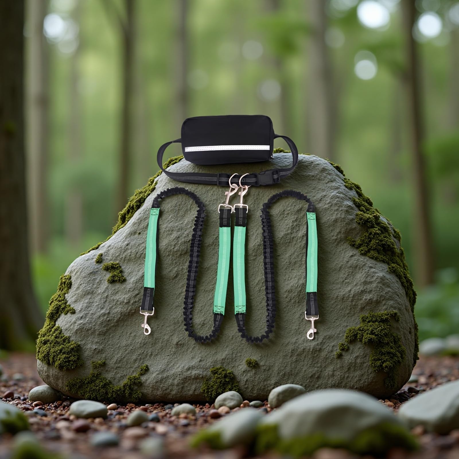 Hände frei Hundeleine mit Tasche, Doppelleine für Zwei Hunde, ausziehbare Bungee-Leine gegen Verheddern, Verstellbarer Hüftgurt, reflektierende Streifen, Nylon, für Spaziergänge und Läufe, Grün