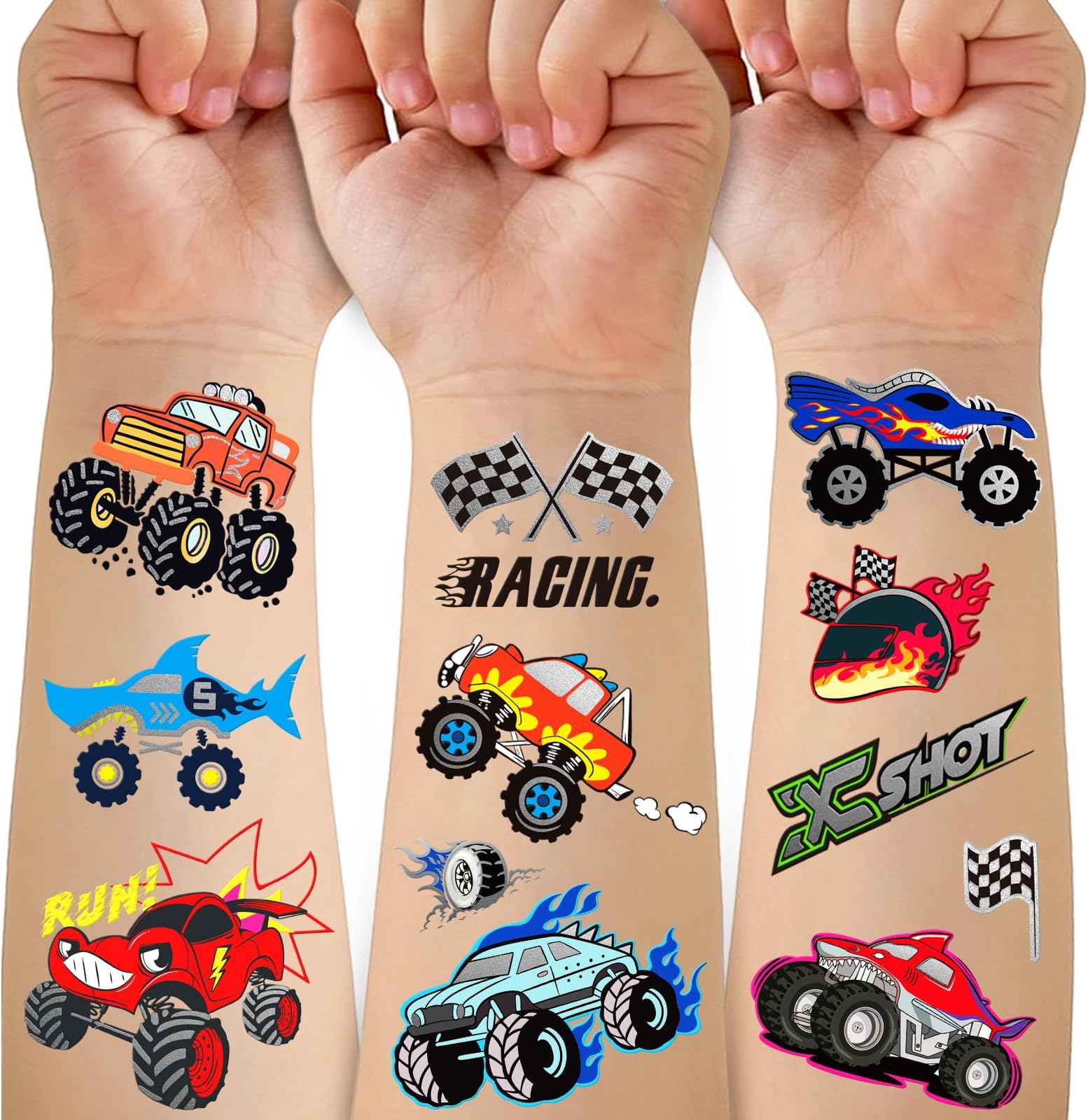 75 PCS Truck Temporary Tattoos for Kids, Groovy Metallic Styles Tattoos for Truck Wheels Birthday Party Supplies Racing Car Checkered Flag Trophy Flame Fake Tattoo Stickers for 5 6 7 8 Years Old Boys