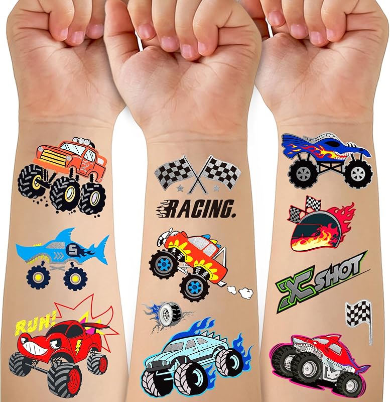 75 PCS Cars Temporary Tattoos for Kids Boys, Race Car Wheels Birthday Decorations, Monster Truck Tattoos, Toddler Tattoos for Monster Jam Car Party Favors