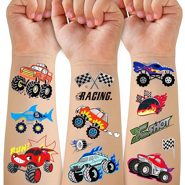 75PCS Toddler Tattoos, Hot Wheels Birthday Decorations, Hot Wheels Party Favors, Monster Truck Temporary Tattoos for Kids Boys Racing Car Flag Fake Tattoos Stickers