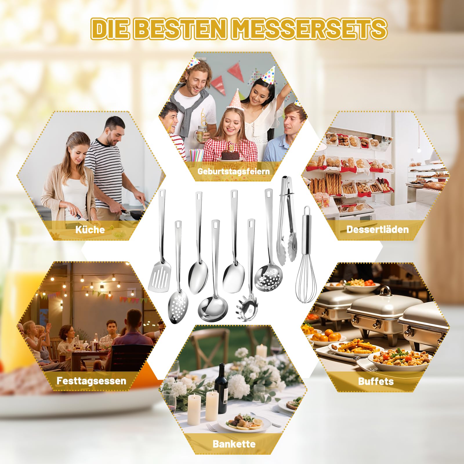 Juego de 9 utensilios de cocina de acero inoxidable – Herramientas de cocina con diseño de agujero colgante, utensilios de cocina, apto para lavavajillas, cucharón de acero inoxidable, espátula — view 7