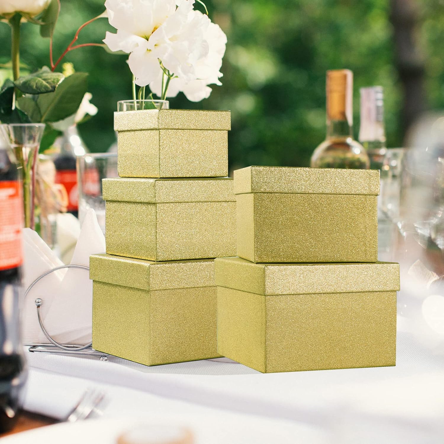 PAPER FAIR 5PCS Bright Gold Glitter Nesting Gift Boxes Set, Flat Square Cardboard Storage Organizer Keepsake Box with Lid Durable Reusable, for Gift Wrapping Holiday Present Christmas Birthday,