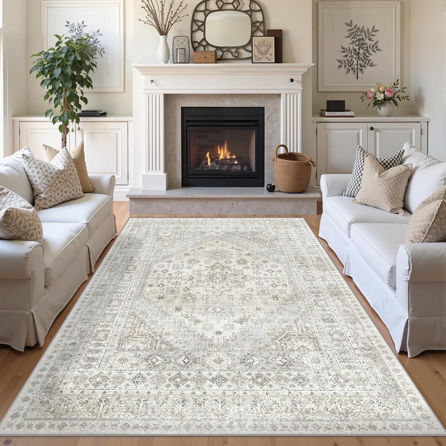 Vintage Area Rug 6x9 - Machine Washable Non Slip Carpet, Low Pile Soft Chenille Floor Rug for Living Room, Bedroom, Dining Room, Office - Distressed Traditional Floral Design, Grey (6*9, Vintage003)