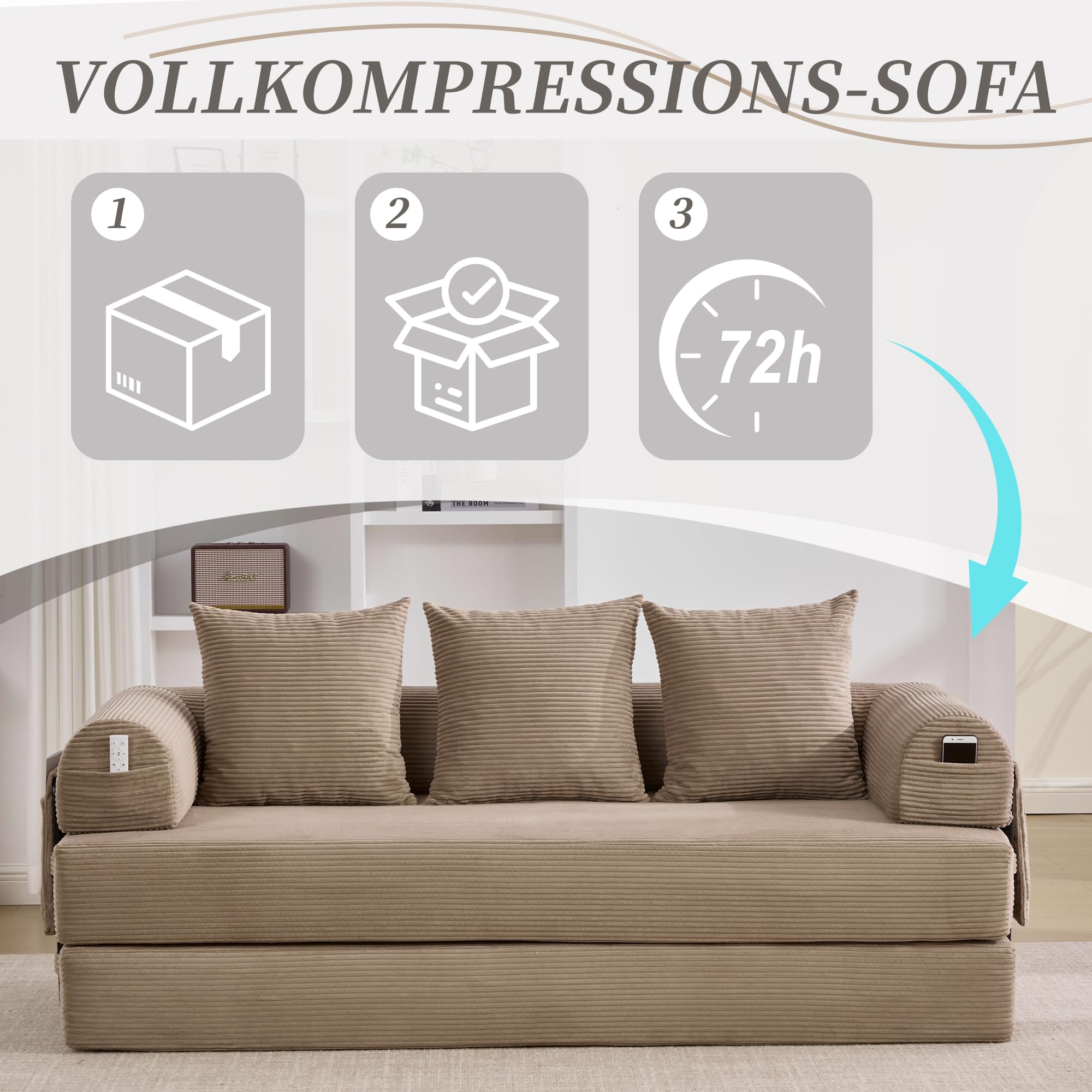 Sofá modular, sofá sin huesos, sofá cama, sofá con función de dormir, plegable, con estructura de metal robusta, bolsillos laterales + 3 cojines, 200×94×67cm (Jaque)
