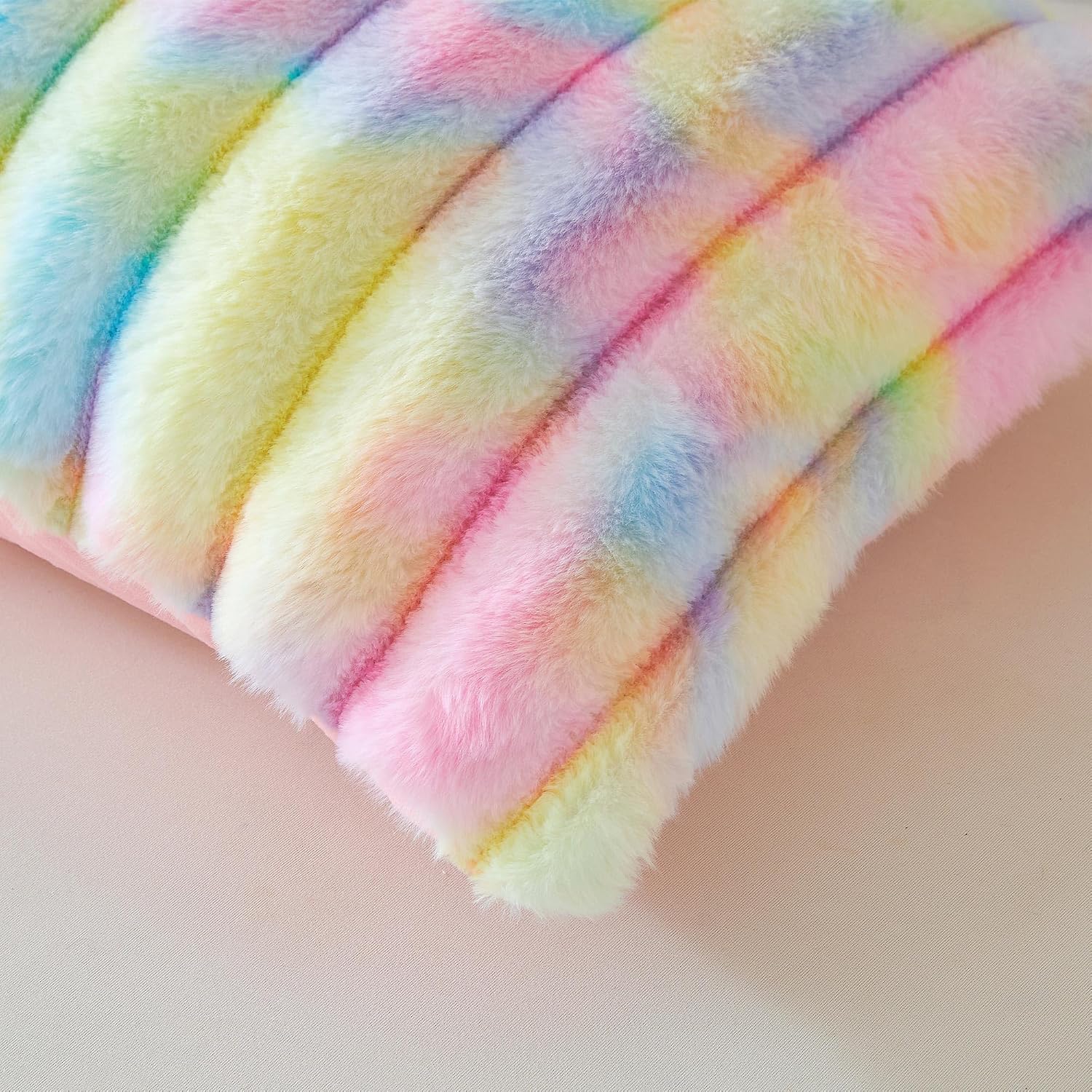 MEGO Faux Rabbit Fur Ribbed Throw Pillow Covers 18x18 Set of 2, Rainbow