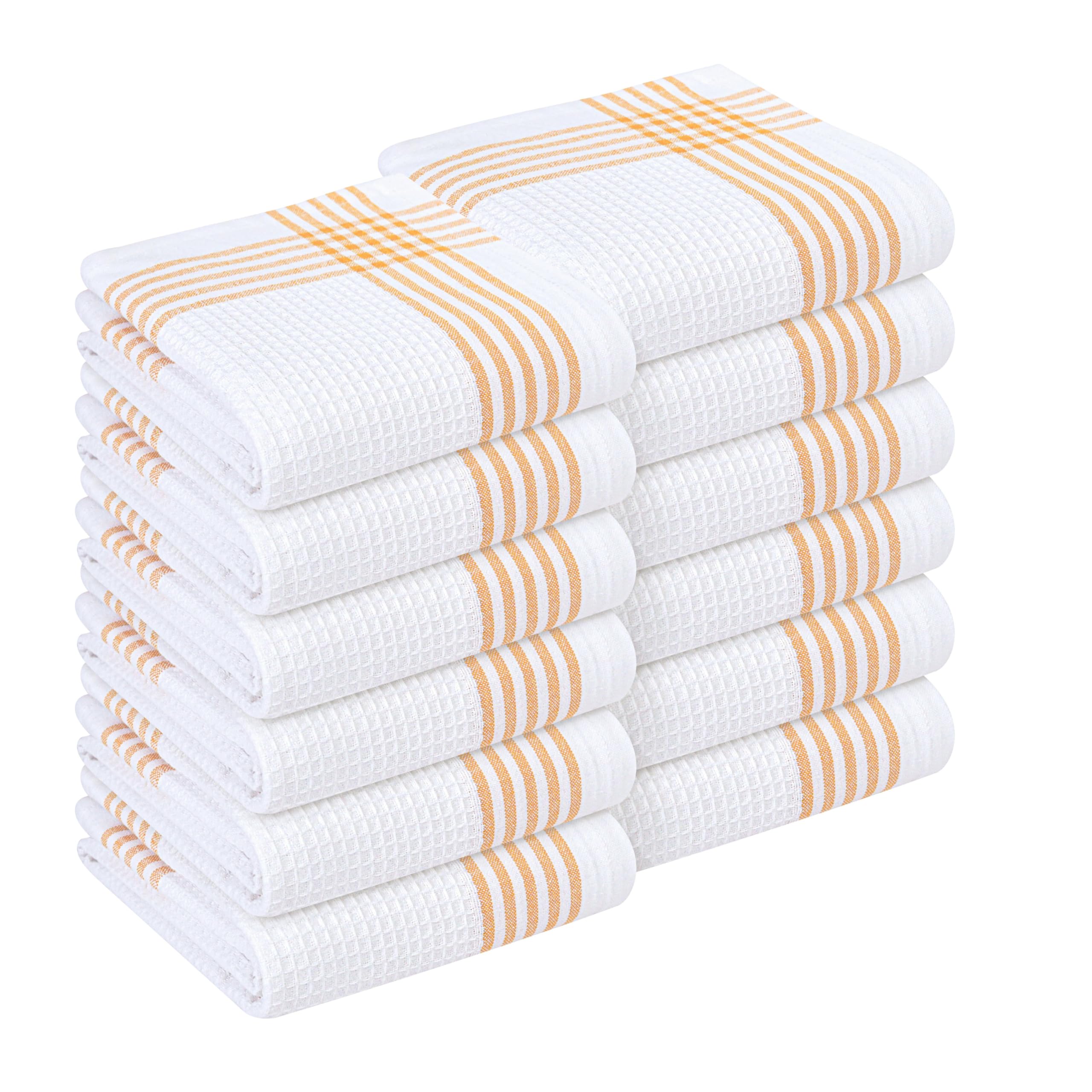 HEIRLOOM COMFORT Mustard Yellow and White Waffle Kitchen Towels 12 Pack, 100% Cotton, 40x66 cm, Super Absorbent, Quick Dry Dish Towels, Reusable & Soft Dishcloths for Kitchen Cleaning