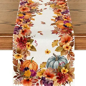 Fall Color Wild Flowers Watercolor Table Runner for Kitchen Dining, 13x72 Inches