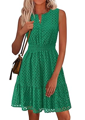 PRETTYGARDEN Women's Summer Dresses 2026 Sleeveless V Neck Eyelet Hollow Out Swing A Line Beach Vacation Sun Dress