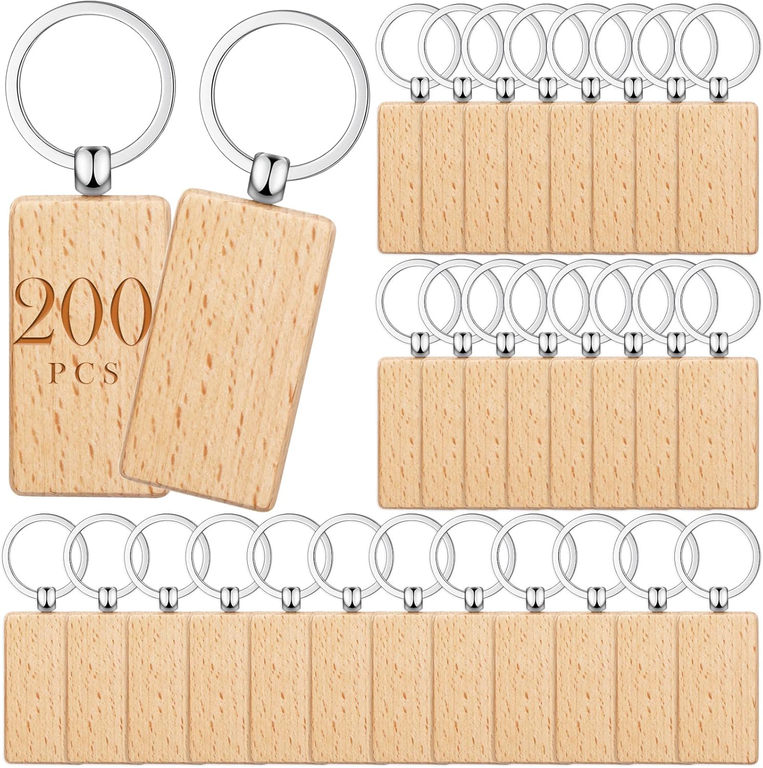 Bucherry 200 Pcs Wooden Keychain Blanks Wood Key Chains Bulk Laser Engraving Wooden Keychain Blanks Unfinished Rectangle Key Ring Tag for DIY Gift Crafts