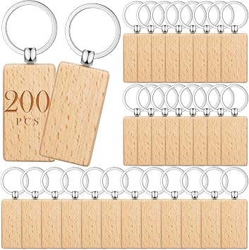 Bucherry 200 Pcs Wooden Keychain Blanks Wood Key Chains Bulk Laser Engraving Wooden Keychain Blanks Unfinished Rectangle Key Ring Tag for DIY Gift Crafts