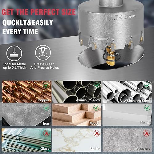 Miniatura 6 de AOKAIMIAR Sierra de carburo de 2 pulgadas con broca central chapada en titanio, sierra de agujero TCT resistente, cortador de agujeros de metal para