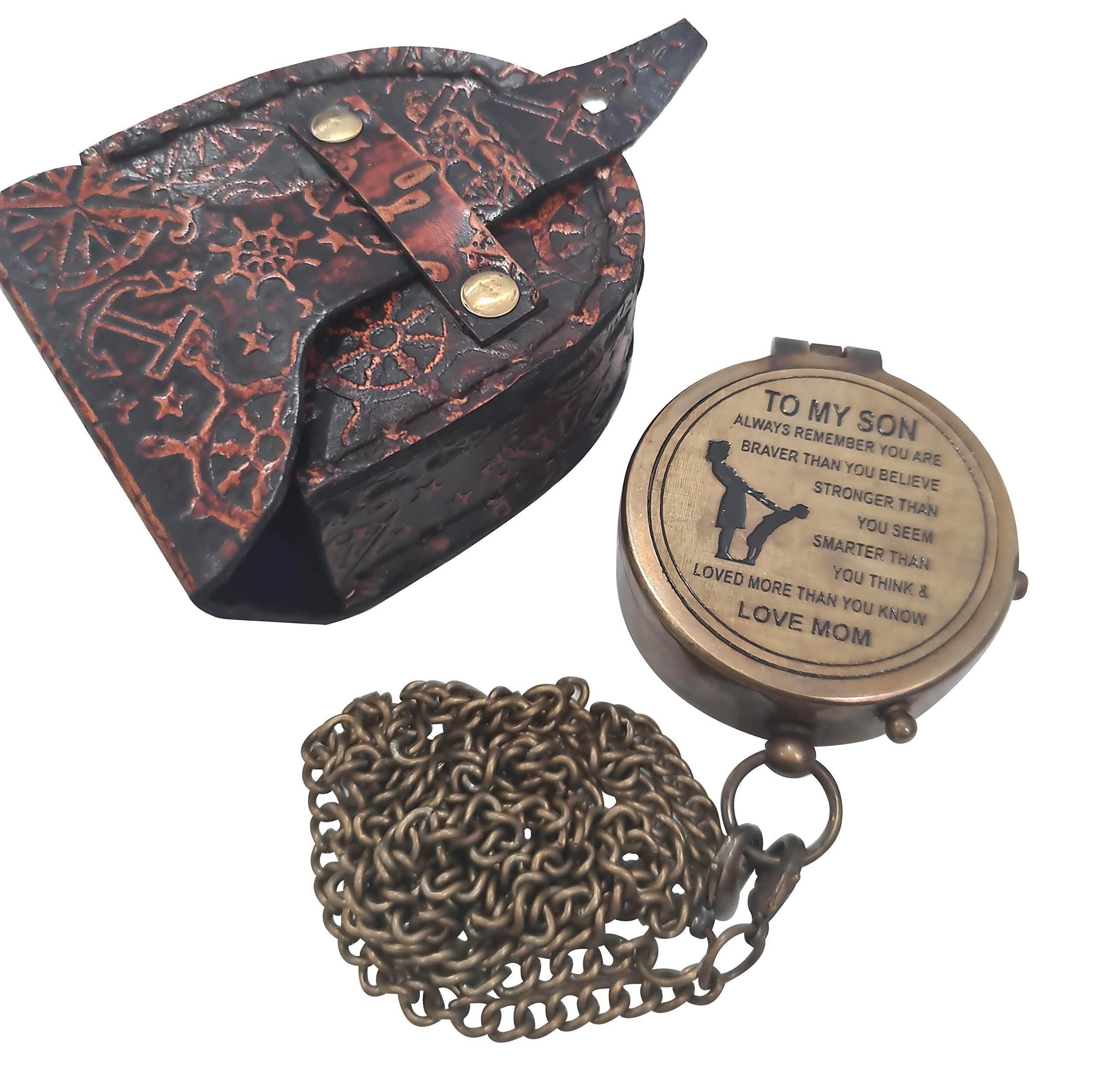 Nautical Maritime Quote Engrave Pocket Brass Compass to My Son with Leather Case Outdoor Navigation Gift Love Mom