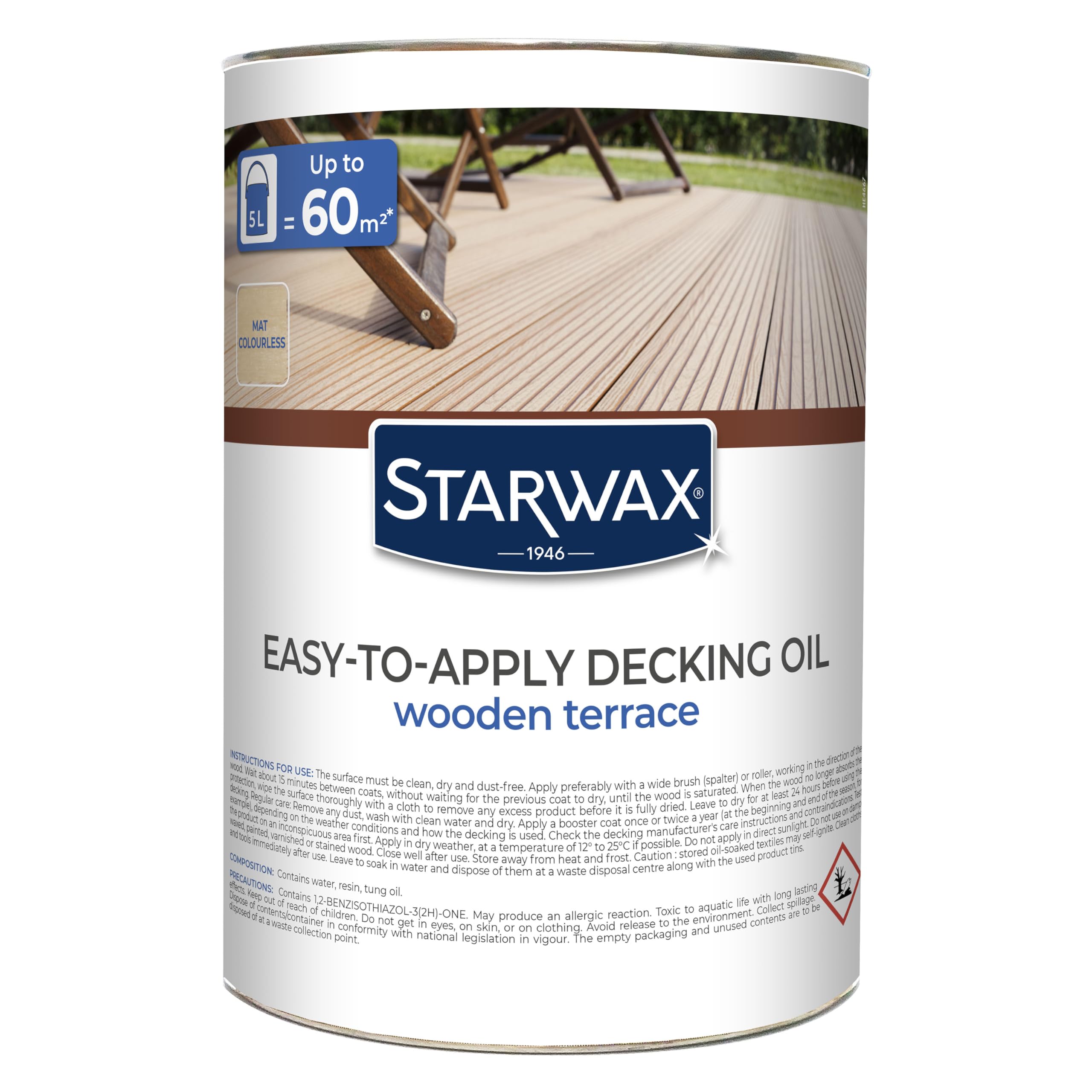 STARWAX Water-Based Penetrating Decking Oil, 5L Clear, Fast Drying with Tung Oil, UV Resistant, Low Odour, No Wiping Required, Protects Hardwood Decking and Cladding