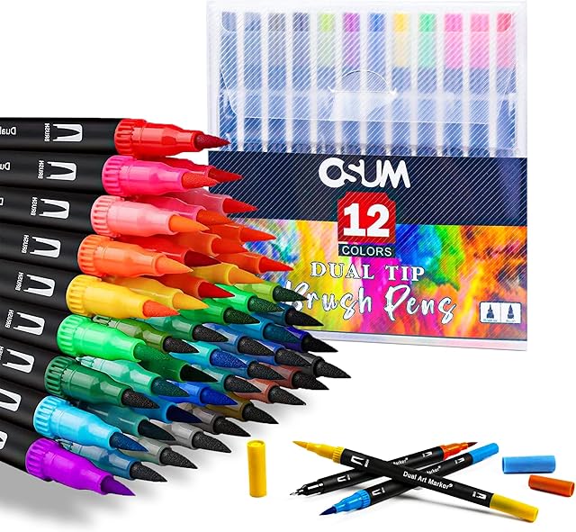 OSUM Dual Colouring Pens Felt Tip Paint Marker - Fine Anxiety Art Pen Supplies for Adults Kids and Childrens (12)
