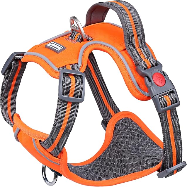 VIVAGLORY Dog Harness for Walking, Training, Running & Hiking, No Pull Dogs Vest Harnesses, Soft Padded Escape Proof Reflective Pets Harness with Front Hook for Medium Dogs, Orange, M