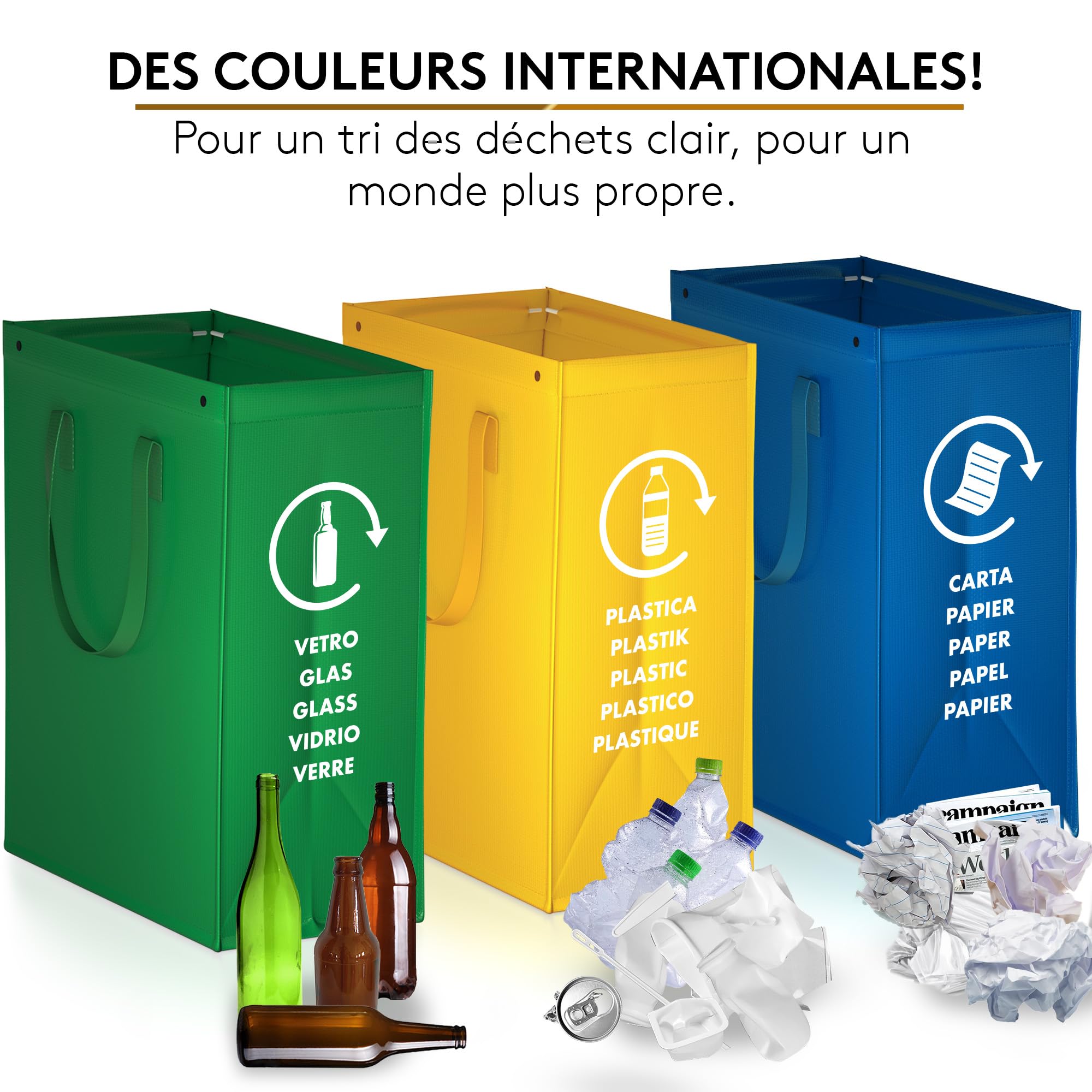 Sac tri selectif - Poubelle tri selectif 3 bac pour le verre, le papier et le plastique - flexible poubelle de tri avec poignée - bac de tri pour déchets et recyclage