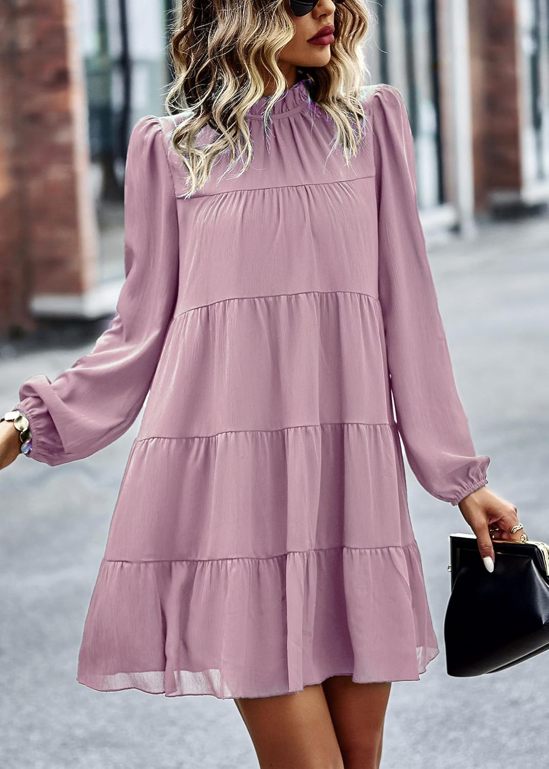 KIRUNDO Long Sleeve Baby Doll Dresses Women 2026 Casual Spring Summer Ruffle Mock Neck Tiered Mini Flowy Swing Shift Dress - Image 3