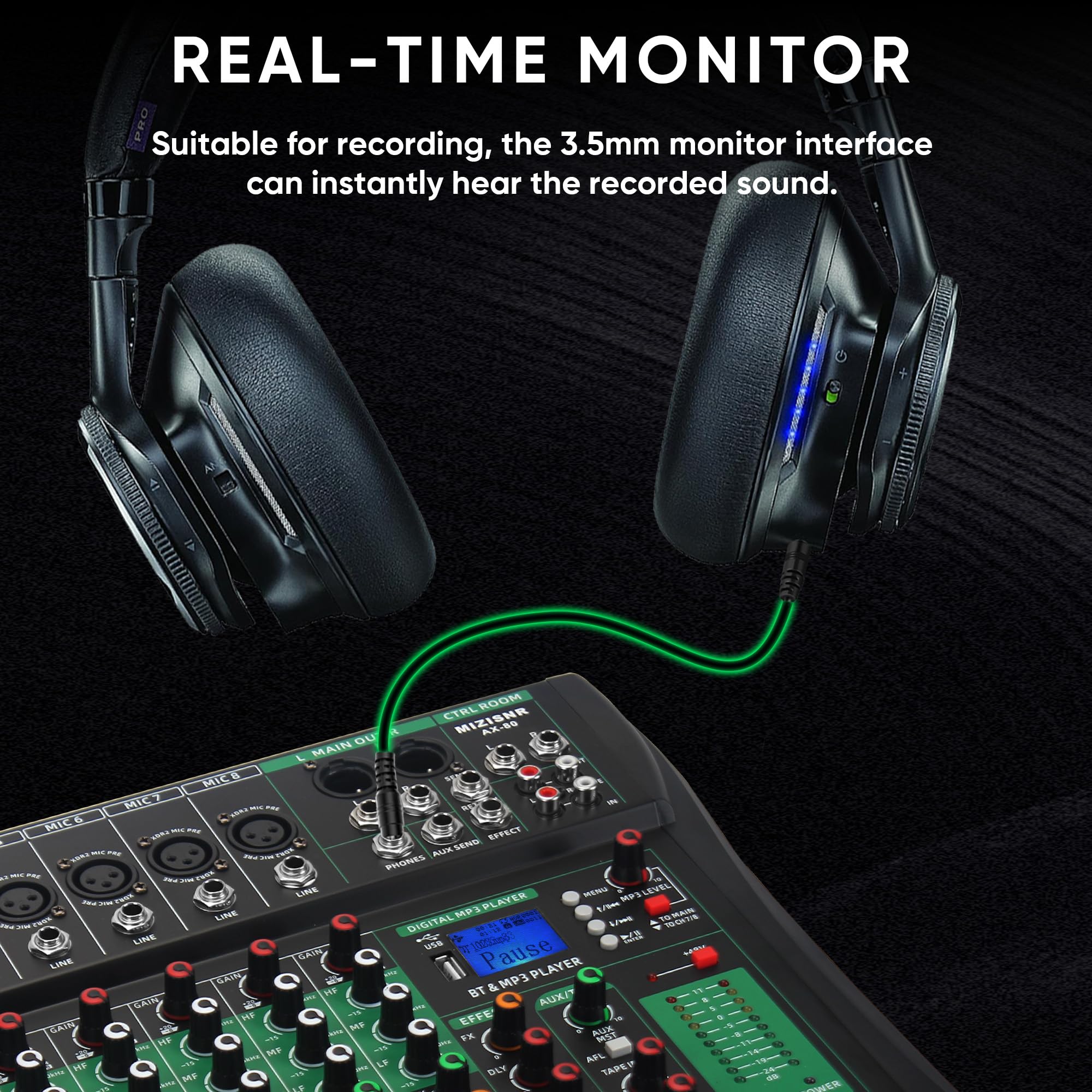 8 Channel Audio Mixer, Professional DJ Mixer Board Sound Music Mixing Console Digital Mixer with Reverb, Bluetooth, USB Port, 48V Phantom Power for Recording Karaoke Podcasting