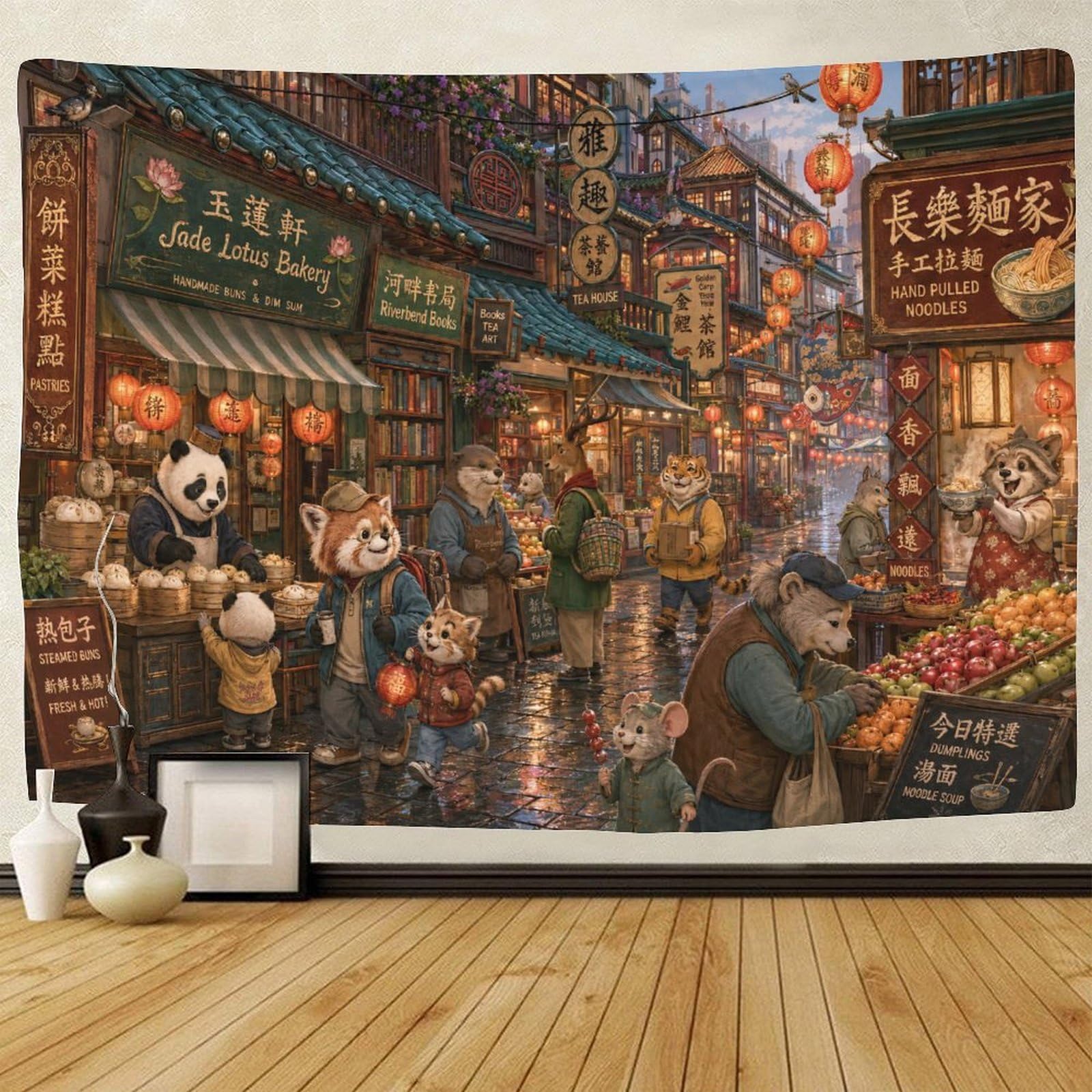 GPMNBCXZK Vintage Chinatown Street 3D Print Tapestry Wall Hanging Decor Wall Art Decor Tapestries Poster Home Decoration Bedroom Living Room 130cmx150cm