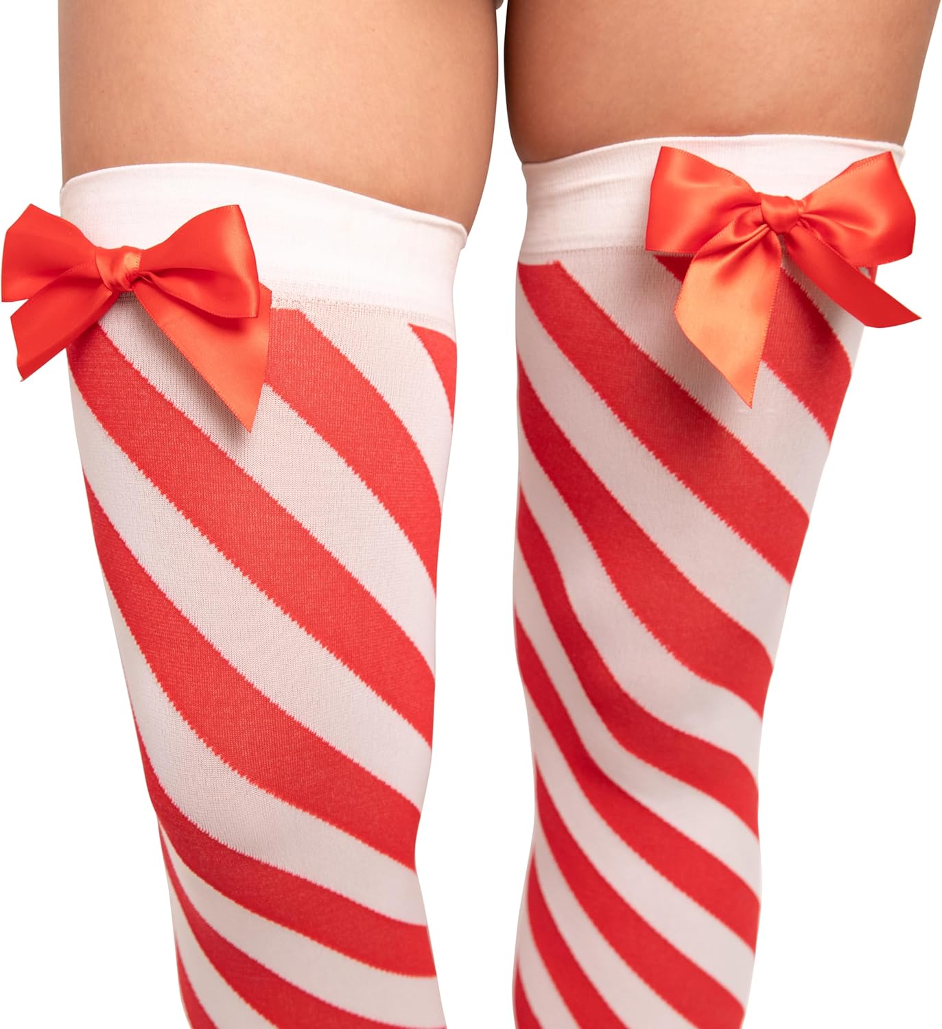 Pin Up Doll, Silicone Stay Up Stockings, Women's Stay Up Stockings, Red and White, Sewn On Bow, Peppermint Christmas Socks - Image 2