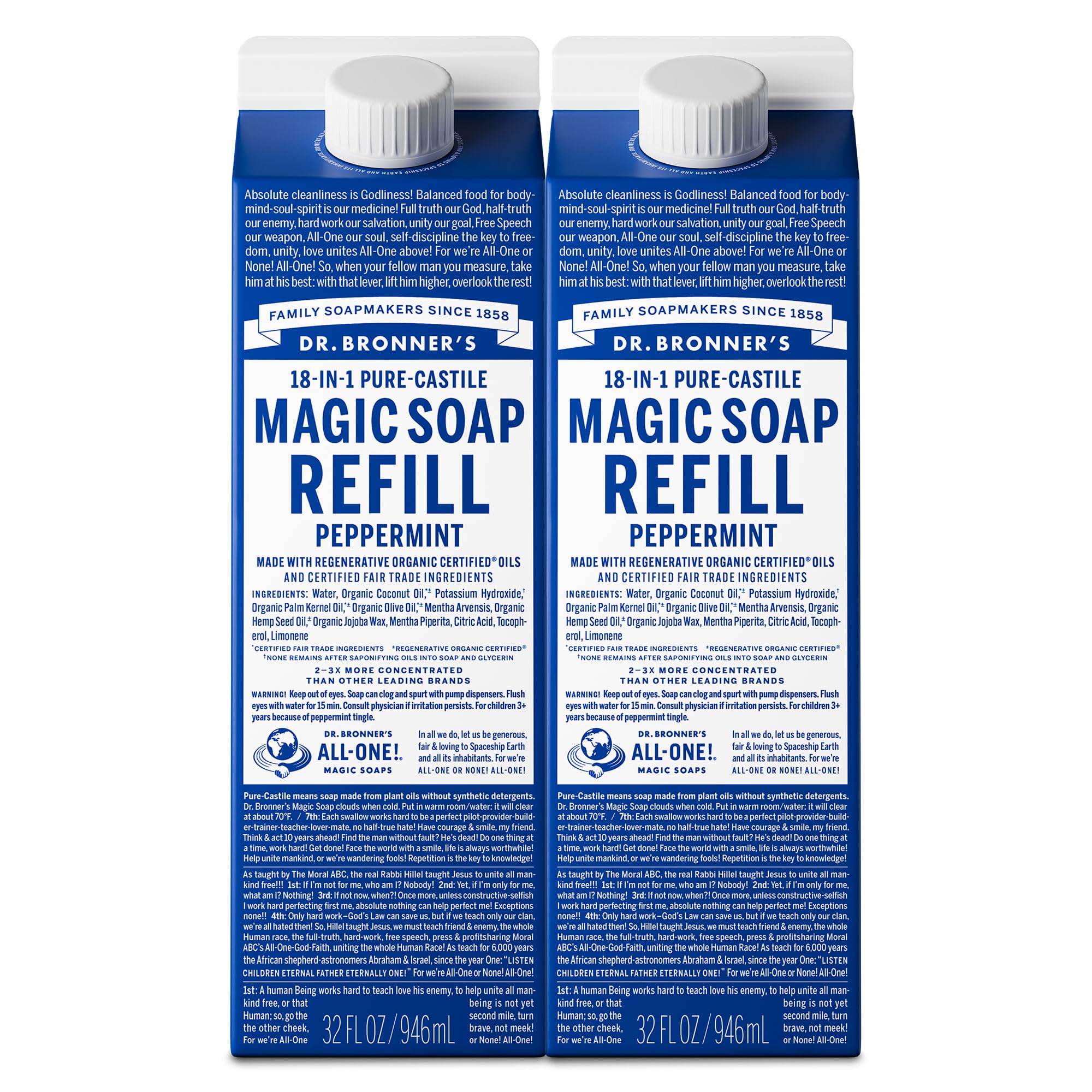 Dr. Bronner's Magic Soap-Pure-Castile Liquid Refill (Peppermint, 32 ounce, 2-Pack) - Regenerative Organic Certified Oils, For Body, Hair, Laundry, Pets & Dishes, Concentrated, Vegan, Non-GMO