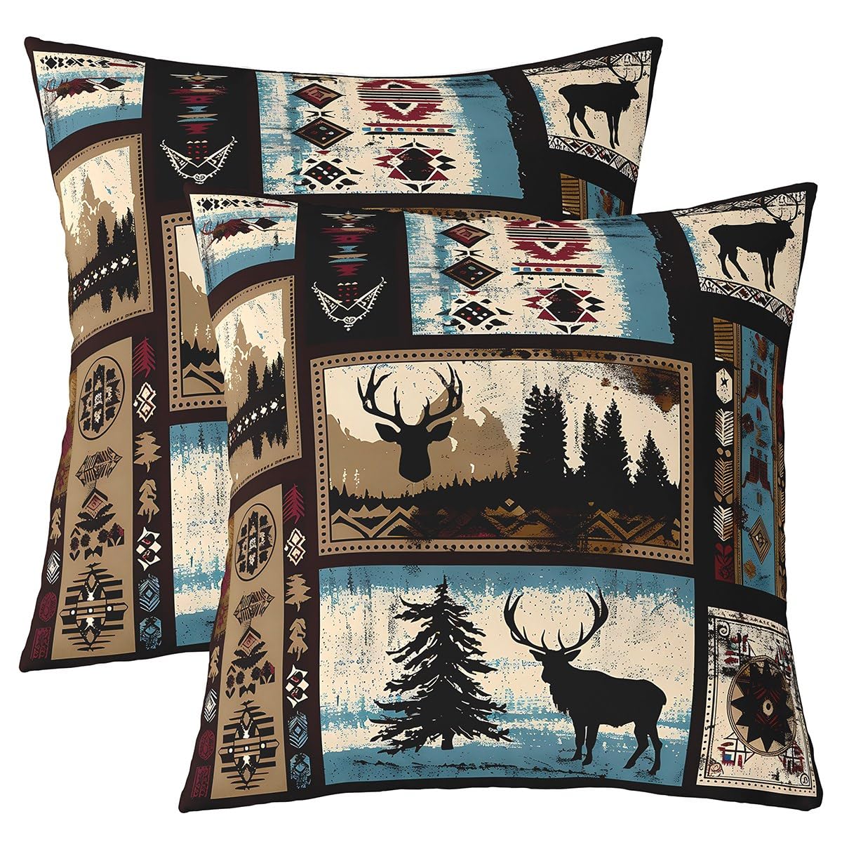 Homemissing Aztec Deer Throw Pillow Covers Boho Western Square Cushion Covers Set of 2 for Kids Deer Hunting Pillow Covers Boys Girls Farmhouse Wildlife Cushion Covers for for Couch Sofa 45x45cm