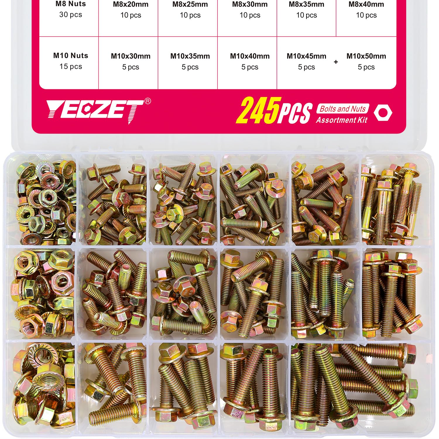 YEEZET 245 PCS M6 M8 M10 Flange Screws and Flange Nuts in Galvanized 8.8 Hexagon Screws & Nuts Assortment kit — image 1
