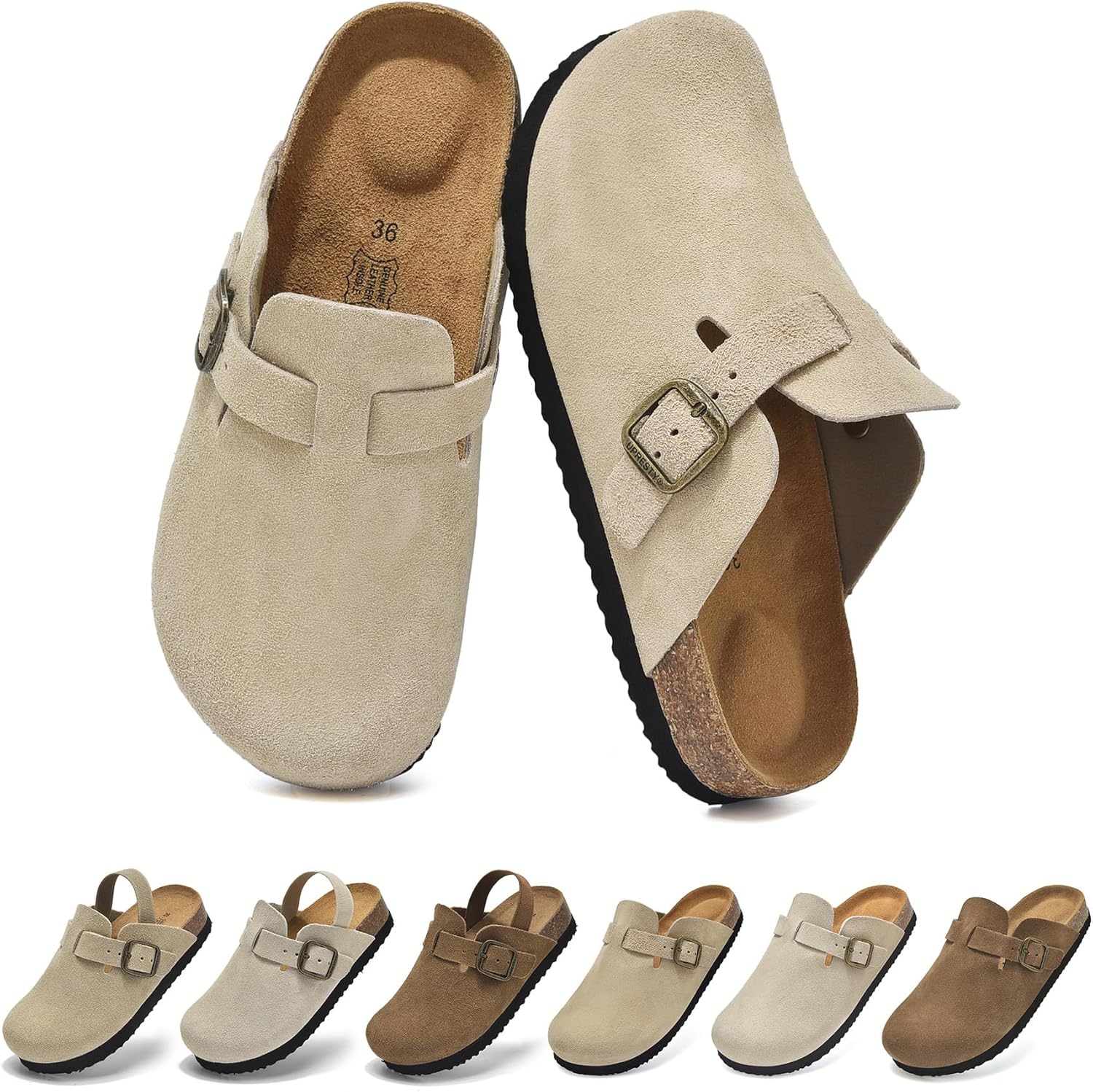 Genuine Suede Kids Toddler Clogs with Arch Support, Boys Girls Clogs with Comfort Memory Foam Insole, Non Slip Cork Footbed Mules for Kid with Adjustable Straps