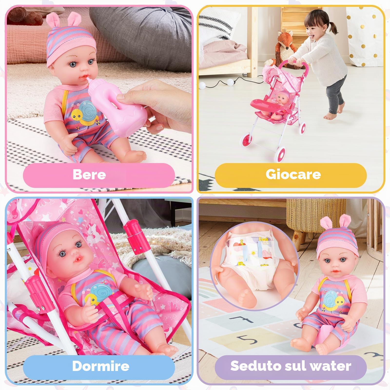 deAO Bambola bebé e Passeggino Giocattolo Set | 12" Bambolotto Bambina e Accessori con Baby Dolls Carrozzina, Funzione per Bere e Bagnare, Regalo per Bambini 3+ Role Play