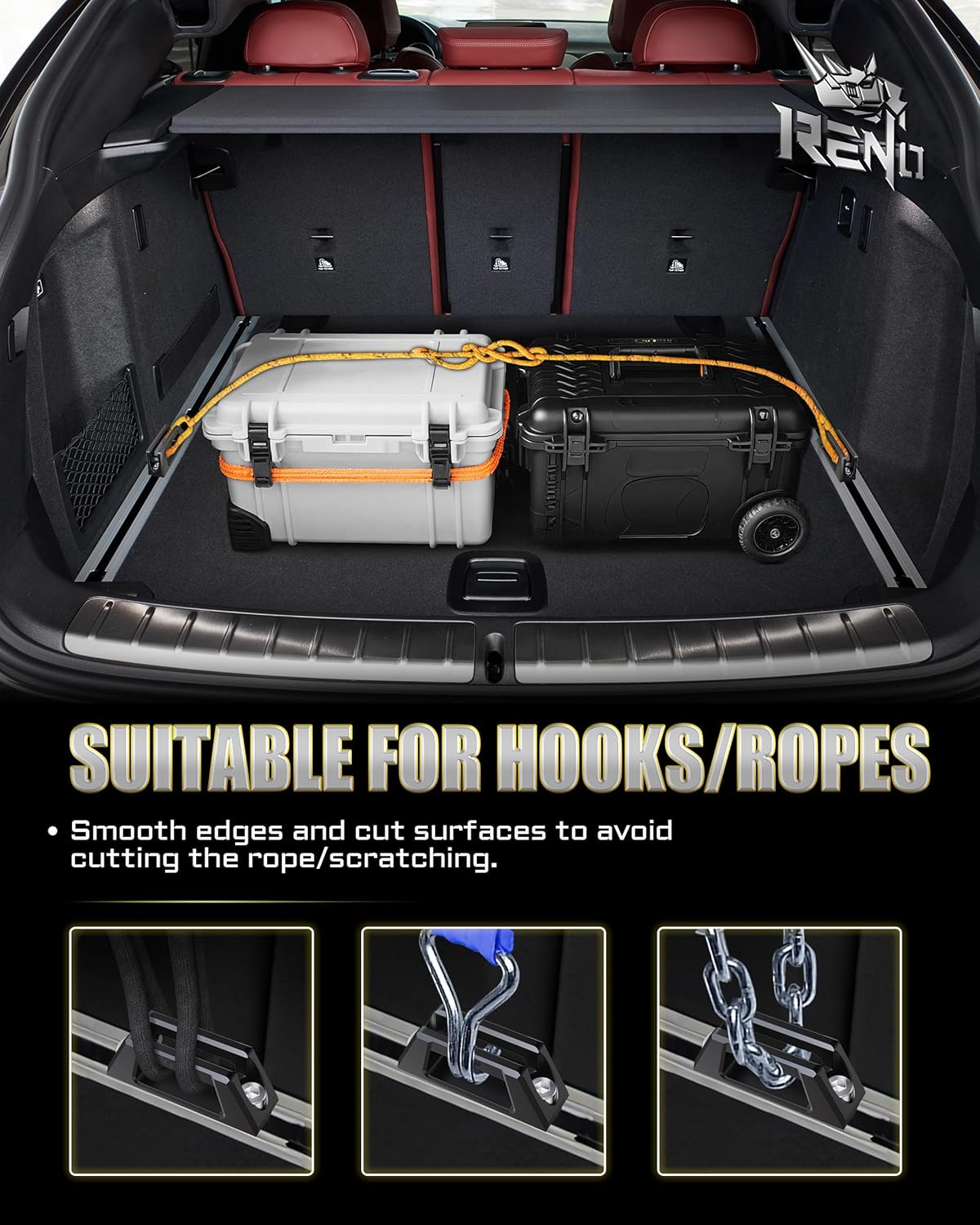 RENO Tie Down Anchors, Bed Rail Cleats for Rear Trunk Cargo Luggage Lashing Rail Compatible with X3 X4 X5 X6 Hybrid, Replaces 51477146024/51473400537/51477331198/51-47-7-146-024 (Aluminum,Black,2PCS)