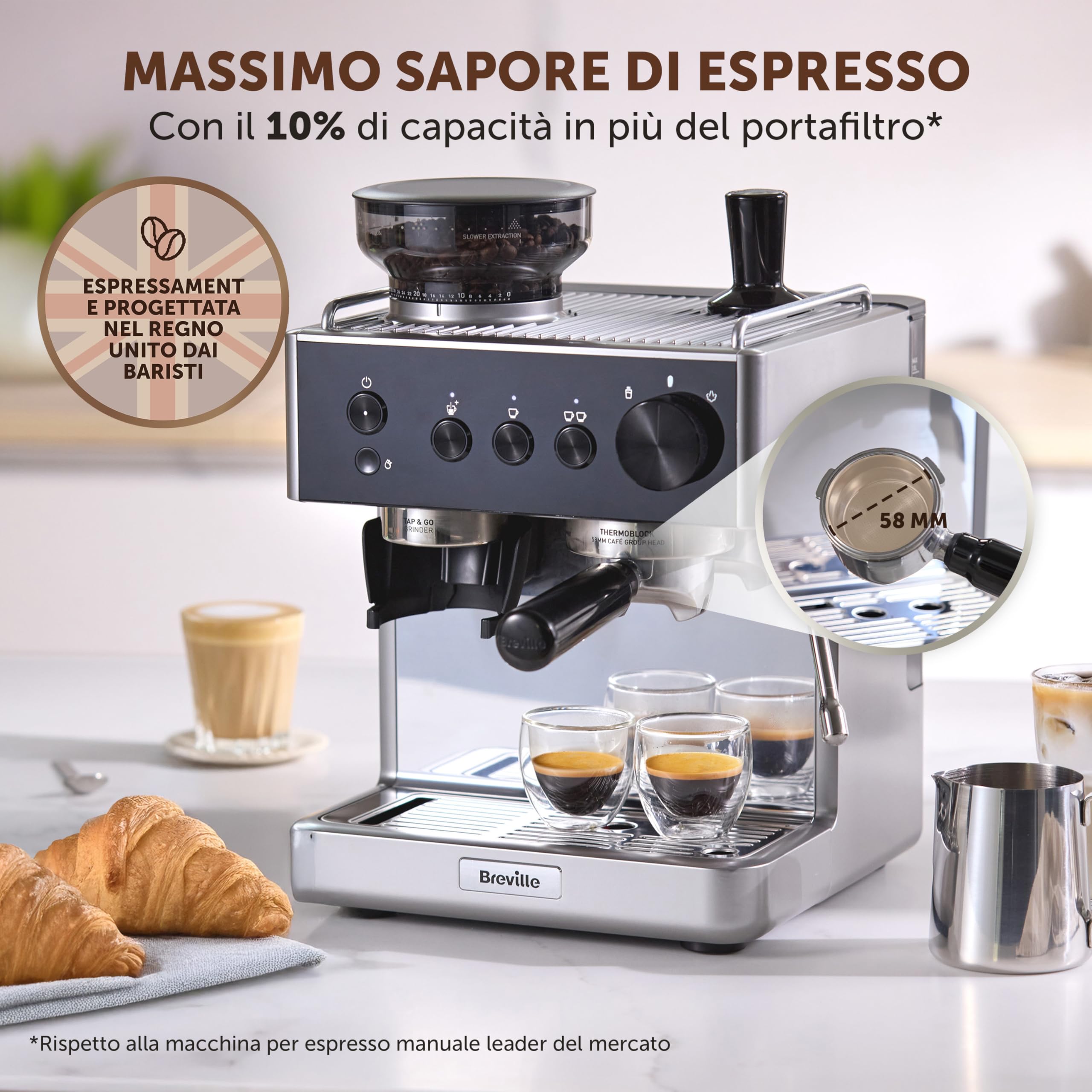 Breville Barista Classic Macchina per caffè espresso | Macchina da caffè con macinacaffè integrato e montalatte | Pompa italiana da 15 bar | Nero e argento [VCF186X]